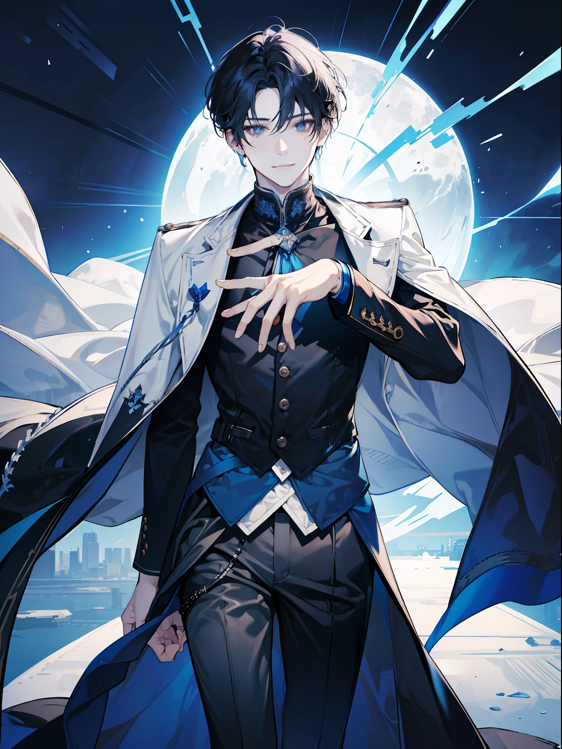 An adult boy,brunette color hair,Three and seven points of hair,blue color eyes,Delicate face,Black sleeveless,Off-white coat,Crop topping,shorter pants,INS wind,Stockings,Boho,aj,grinning smile,Waved with his left hand,A masterpiece,4k