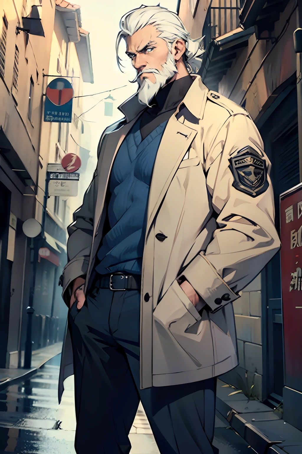 1 Man, Detective, white hair, blue eyes, hands in pockets, serious look, beard