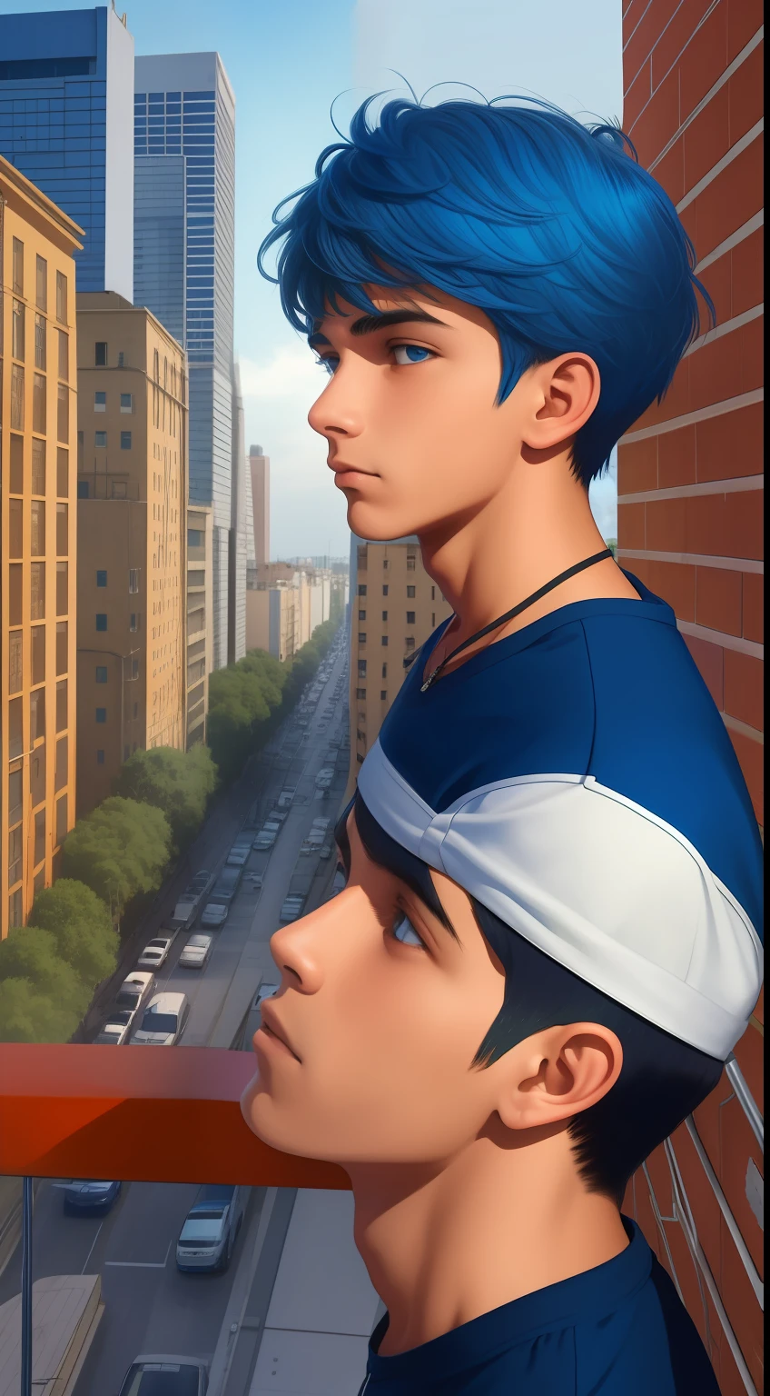 usar el mismo chico, 15-year-old man looking from balcony at sad city, nunca mira ala camara. , Straight blue hair standing on a terrace looking at a strange city, tiene mirada triste,