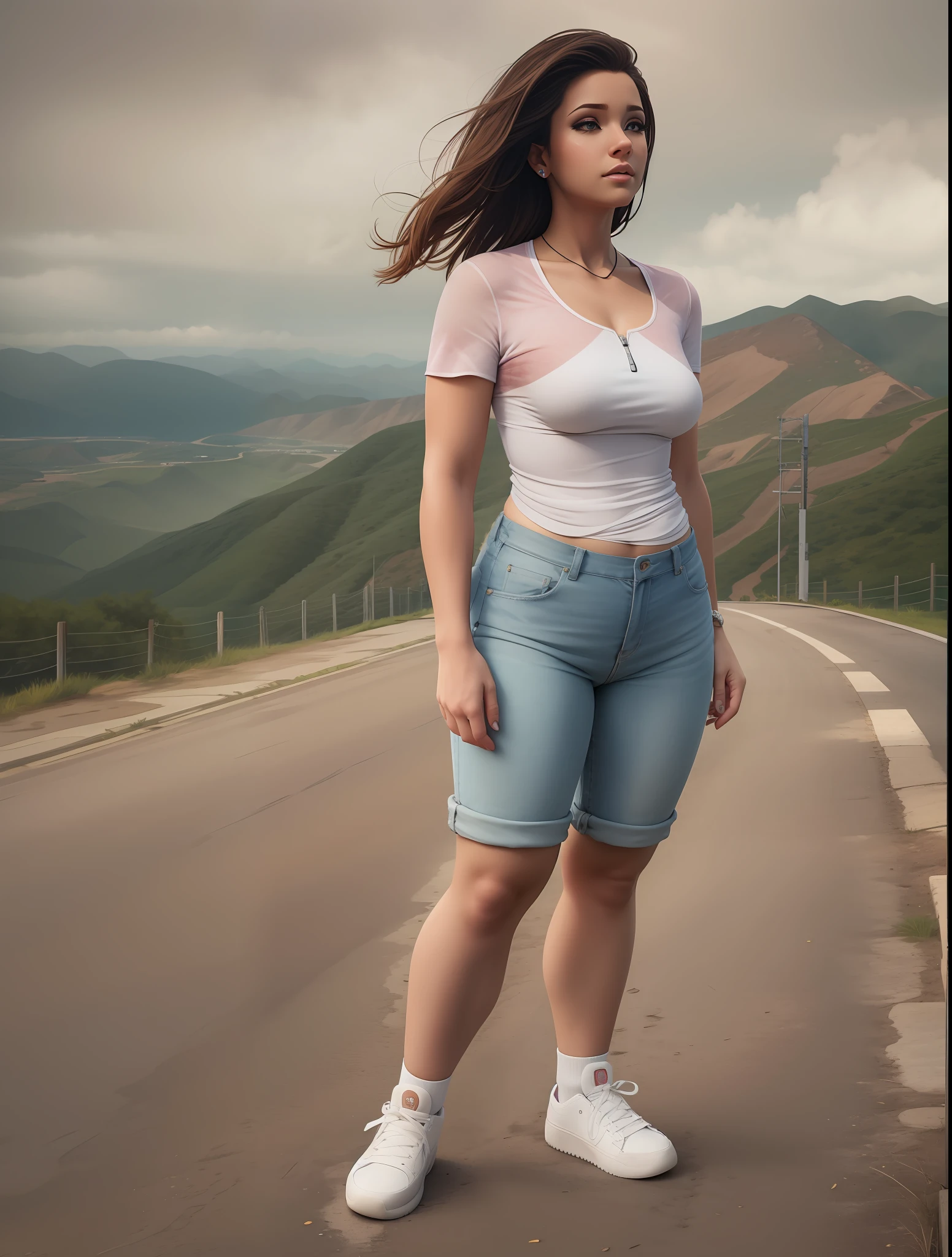 Mulher realista 30 anos (Peta Jensen pov), medium hair grey gradient, batendo nos ombros, na altura dos ombros,olhos verdes esmeralda, sobrancelha cerrada, olhar penetrante e sensual, nariz arrebitado, empinado e arredondado, sardas no rosto, thick lips, boca entreaberta, mini blusa branca, justa, transparente, molhada, apertada, corpo perfeito, great contrast, realista, barriga natural com leve dobra, piercing na barriga, jeans curto desabotoado, open zipper, sem calcinha, does not wear panties, quadril largo, pele com sardas, peitos grandes, massivos, Mamalhuda, peitos molhados, mamilos estufados e molhados, well visible, molhada, debaixo de pingos de chuva, tempo nublado, Realistic cinematic light, dust particles in the air, standing stop, olhando para cima, vista de cima, close de cima, View from above, Neck strap, wearing sneakers, Sneakers tied, branco com linhas azuis, estrada abandonada com chuva leve, velho, rusty road signs, mato seco, banco de espera ao fundo, sujo, trincado e descascando, hands on her waist, hands straightening their hair, realista, 4k, profundidade,
