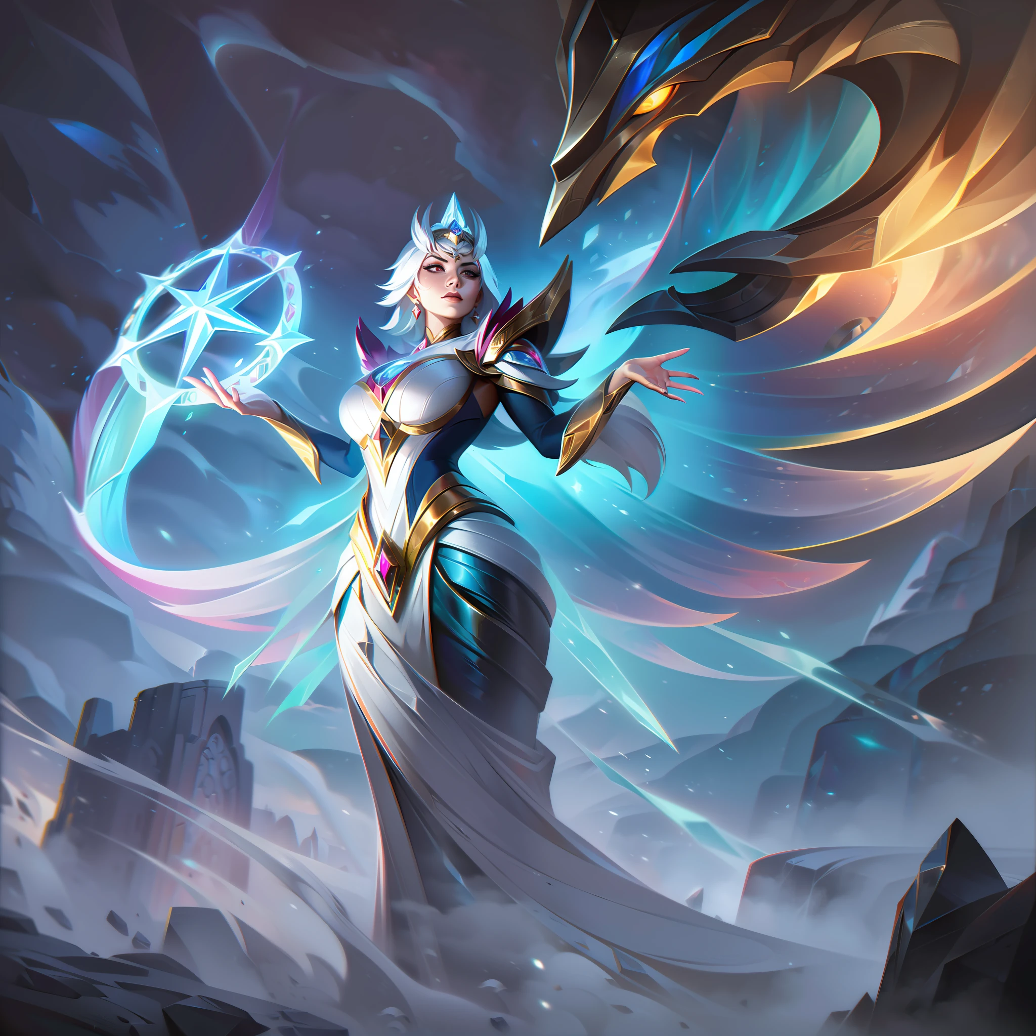 The base splash art of "Lady Emprekyara, the Weather Warden" captures the essence of this mystical and powerful champion. Standing amidst a stunning and serene natural landscape, Emprekyara exudes a regal and commanding presence.

Her appearance reflects her elemental nature, with swirling patterns of fire, ice, wind, and lightning adorning her attire. Emprekyara's eyes gleam with the brilliance of the weather's ever-changing moods, showcasing her deep connection to the forces of nature.

Her wings, an embodiment of the elements, unfurl majestically behind her, signifying her power as the Weather Warden. In her hand, she wields a magical staff, a conduit for her weather-manipulating abilities.

In the background, a diverse array of weather patterns surrounds Emprekyara, showcasing her dominion over the elements. Storm clouds, snowflakes, gusts of wind, and flames add to the atmosphere of her mastery.

The color palette is a captivating blend of elemental hues, with rich blues, fiery reds, and icy whites, creating a vibrant and awe-inspiring ambiance.