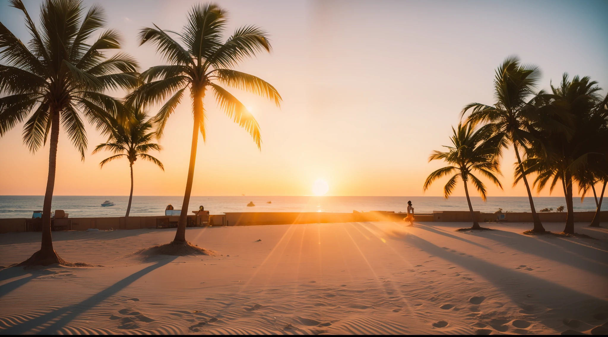 the setting sun, Mare, sand beach, Palm trees, sony a7, film gain, Cinematic lighting, Photorealistic, one-point perspective, 32K, diffuse reflection, colorful shiny particles, Lens Flare, Soft lighting