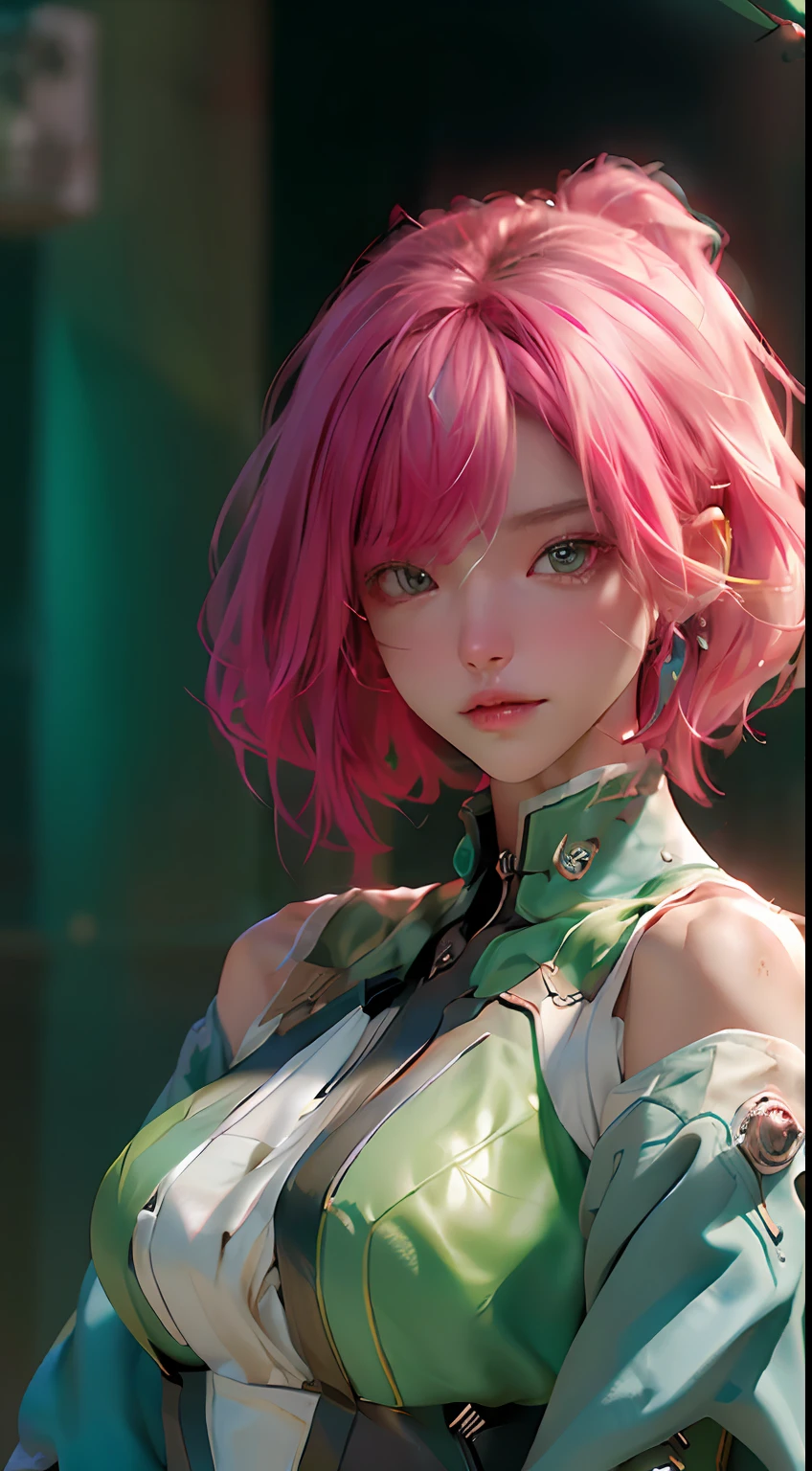 ((Best quality)), ((masterpiece)), (detailed:1.4), 3D, an image of a beautiful cyberpunk female,HDR (High Dynamic Range),Ray Tracing,NVIDIA RTX,Super-Resolution,Unreal 5,Subsurface scattering,PBR Texturing,Post-processing,Anisotropic Filtering,Depth-of-field,Maximum clarity and sharpness,Multi-layered textures,Albedo and Specular maps,Surface shading,Accurate simulation of light-material interaction,Perfect proportions,Octane Render,Two-tone lighting,Wide aperture,Low ISO,White balance,Rule of thirds,8K RAW, short hair, Pink hair, Green eyes