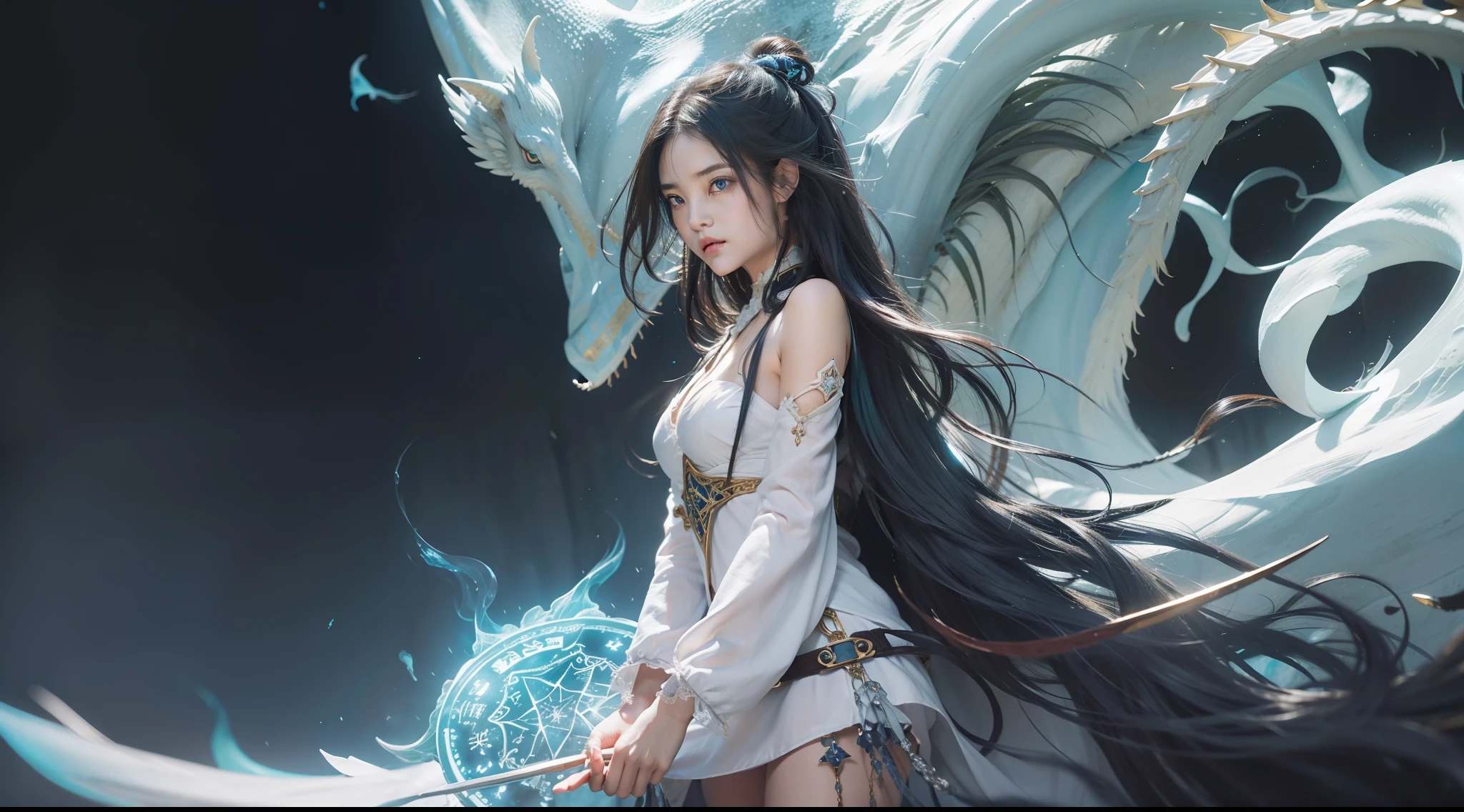Medieval street corners,Night, Dark, (Fantasy),infinite,deep blue sky,The abyss of knowledge,Cowledge,((masutepiece)), (((Best Quality))),((Beautiful fine eyes)),(Eye lashes)、Very beautiful face、The ultra -The high-definition、Beautiful girl riding a huge white dragon、(女の子1人)、Black hair、The long-haired、abyss eyes、glowy skin、oils、small tits、Perfect human body structure、Wizard robes、tattered cloth、Realistic coat、Teenchi、Super delicate CG Unity 32k wallpaper、photoRealstic、masterpiece, ((ultra-detailliert)), ((illustratio)),colourfull,wall-paper,The energy,Unknown terror,Incomprehensible,Around the magic,Magical surroundings,magic wands,Boken,Flying pages,Know everything,Predict the future、Get to know the past、Infinite wisdom、blue flames、Warlock、magic circles、Pentagram、Spells、mantra、Singing magic