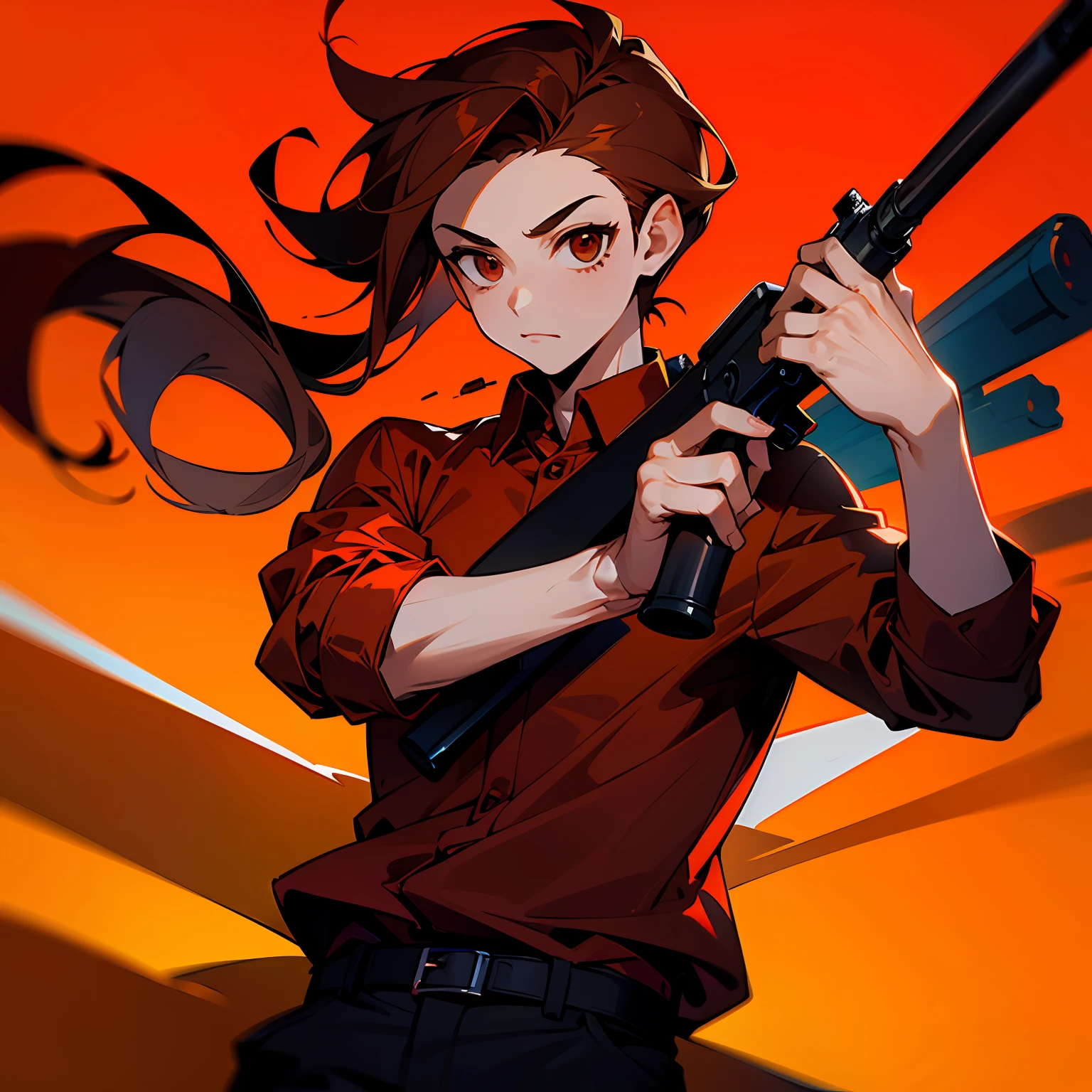 Boy with long red shirt pixel brown hair with a gun in hand, sujo de sangue pixelado