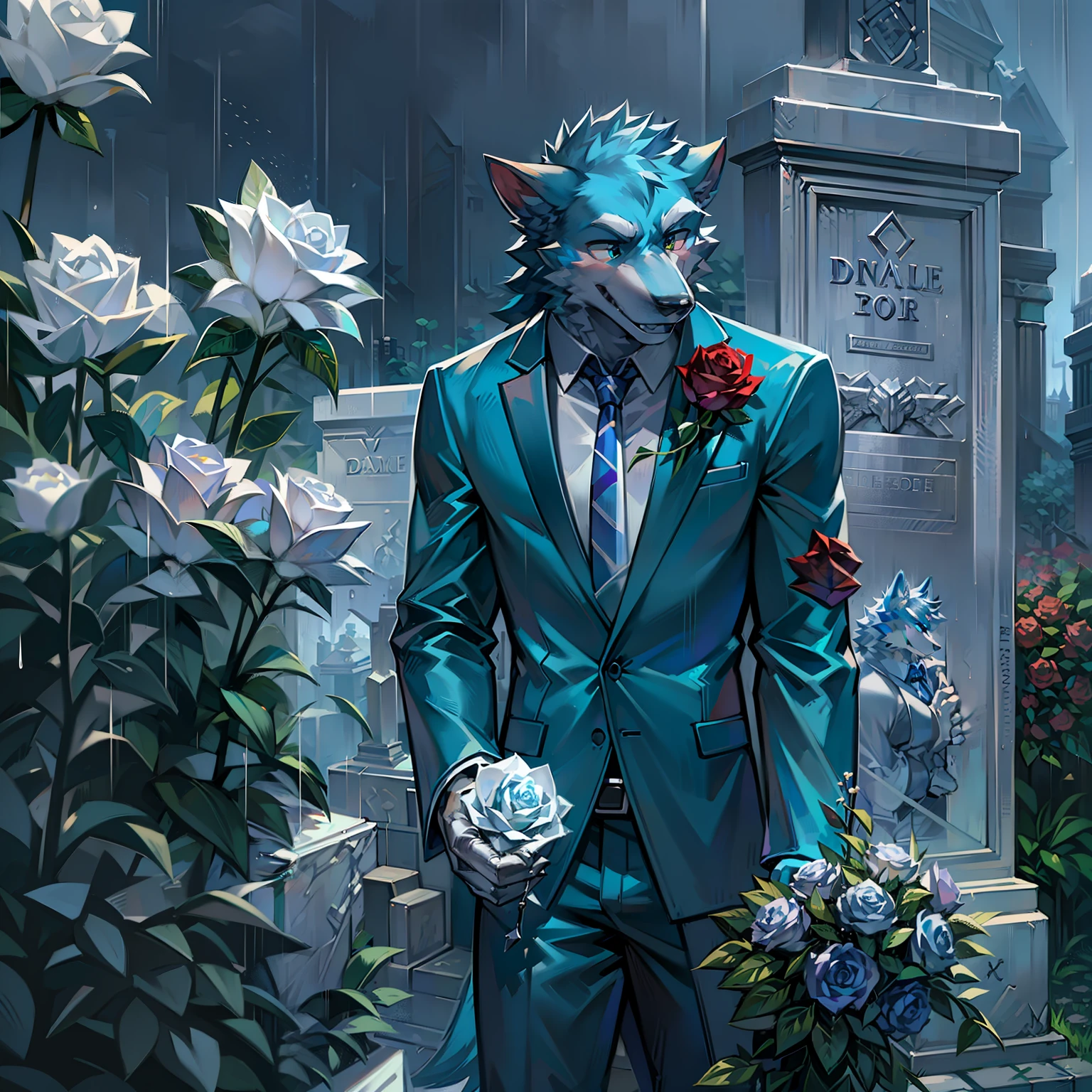 独奏，Wolf orcs，Blue fur，Handsome model，Face away from the picture，While wearing a white Business suits，Holding a bunch of roses，Stand in front of the tombstone，rainy days，dark cloude