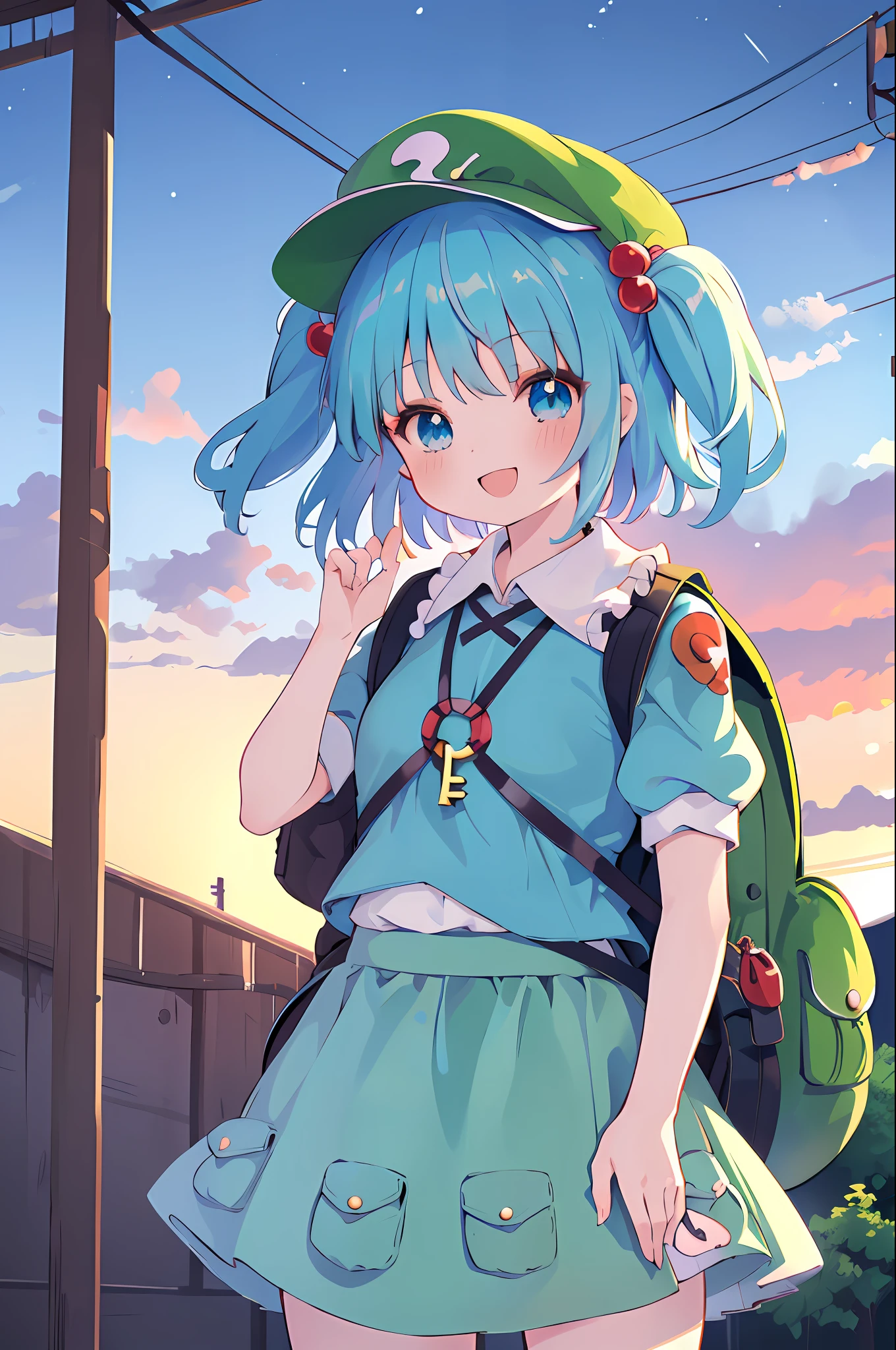 (masutepiece, Best Quality:1.2), Cowboy Shot, Solo, 1girl in, Kawashiro Nitori, Smile, Looking at Viewer, two side up, hair bobbles, Hair Ornament, green headwear, Shirt, Puffy Short Sleeves, skirt set, pockets, keys, backpack, Outdoors