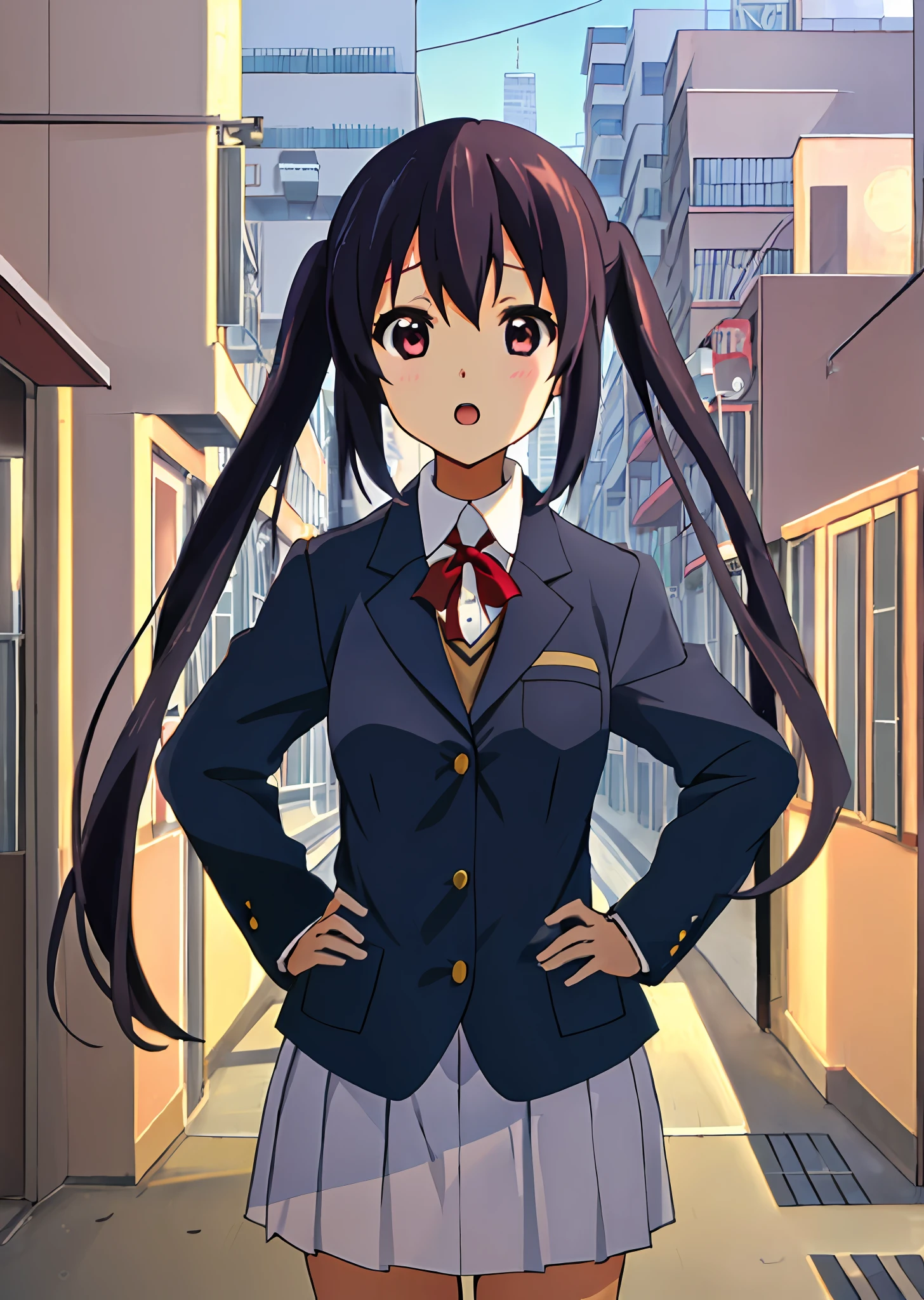 1girl in, (((​masterpiece))), top-quality, top-quality, high details, nakano azusa, 1girl in, Sakuragaoka High School Uniform, student clothes, Twin-tailed, length hair, A dark-haired, Brown-eyed, 独奏, reddish, Dark blue blazer with thin red ribbon, Solid white buttoned shirt under blazer, illustratio, comic strip, Soothing tones, Subdued Color, Soft cinematic light, adobe lightroom, Photolab, nffsw, intricately and hyper-detailed、(((depth of fields))))。(((​masterpiece)))。(((top-quality))).)((ultra-detailliert)))。(((illustratio)))。(((takeout))).Dynamic Focus.(big breasts).(((highrise buildings))).(((A city scape))).(((Face of sadness))). Open mouth.(((put hands on the hip))).(((up chest))).((evening glow)).((the setting sun)).