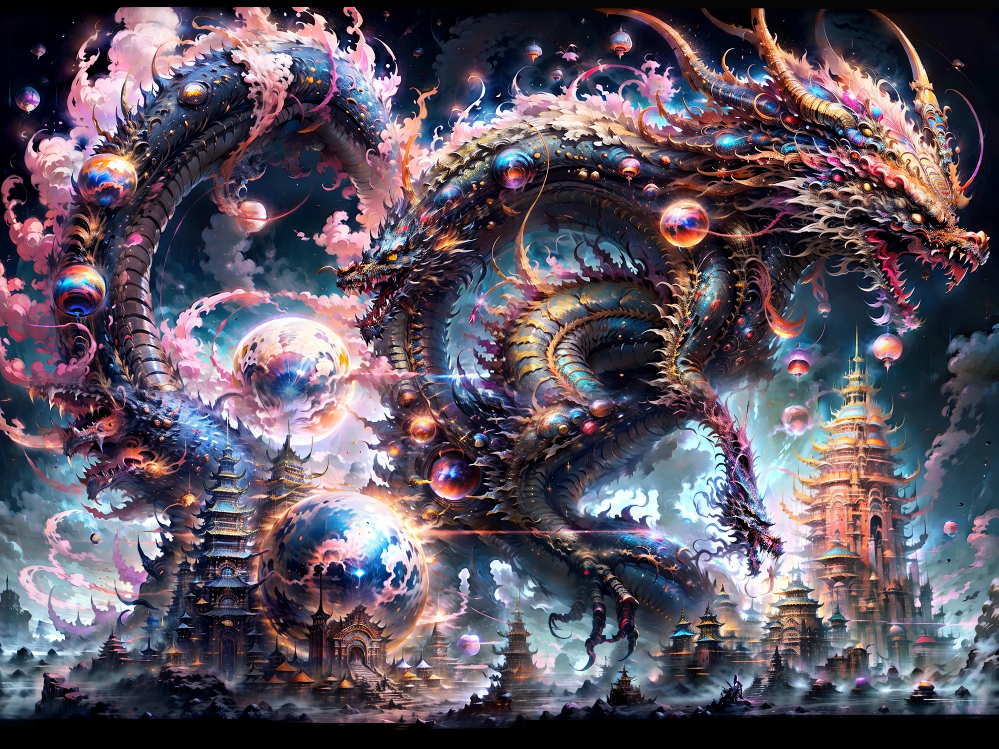 Masterpiece, ultra-high resolution, no humans, intricate details, ff14style, painting of future cities on the moon, space, stars, galaxies, planets, ((Chinese towns,)) bright colors, (length: 1), yellow eyes, clouds, scales, oriental dragon, open mouth, sharp teeth, flying, horns, teeth, claws, fangs, in a fantastical otherworldly visual style,