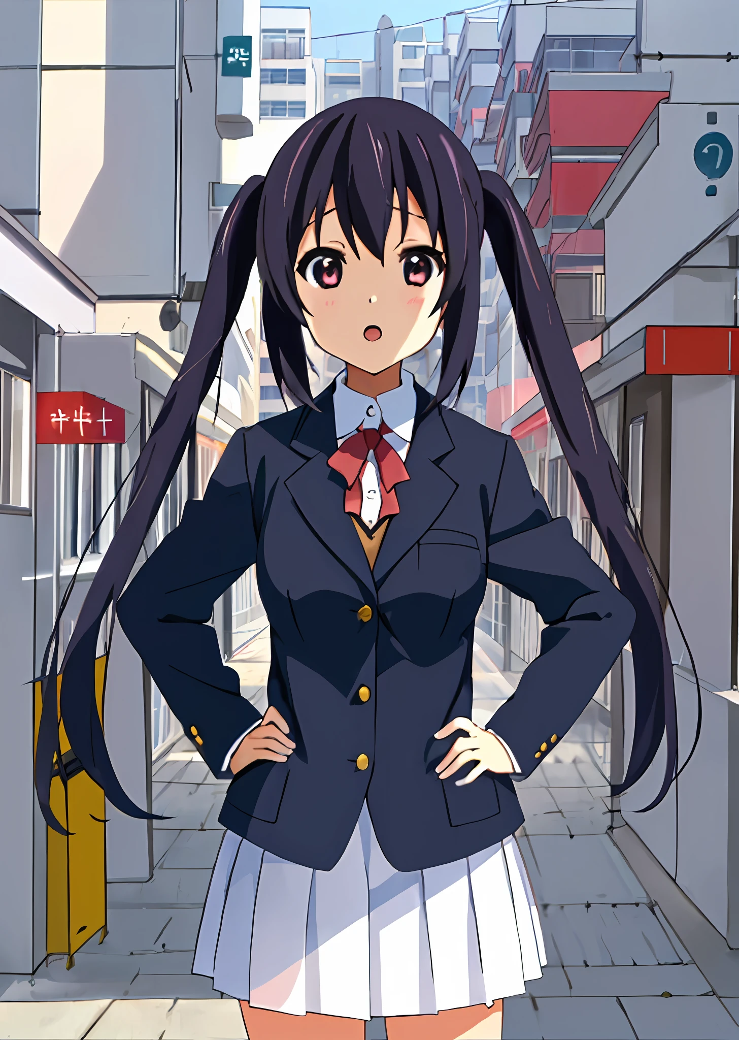 1girl in, (((masterpiece))), top-quality, top-quality, high details, nakano azusa, 1girl in, Sakuragaoka High School Uniform, student clothes, Twin-tailed, length hair, A dark-haired, Brown-eyed, 独奏, reddish, Dark blue blazer with thin red ribbon, Solid white buttoned shirt under blazer, illustratio, comic strip, Soothing tones, Subdued Color, Soft cinematic light, adobe lightroom, Photolab, nffsw, intricately and hyper-detailed、(((depth of fields))))。(((masterpiece)))。(((top-quality))).)((ultra-detailliert)))。(((illustratio)))。(((takeout))).Dynamic Focus.(big breasts).(((highrise buildings))).(((A city scape))).(((Face of sadness))). Open mouth.(((put hands on the hip))).(((up chest))).((evening glow)).((the setting sun)).