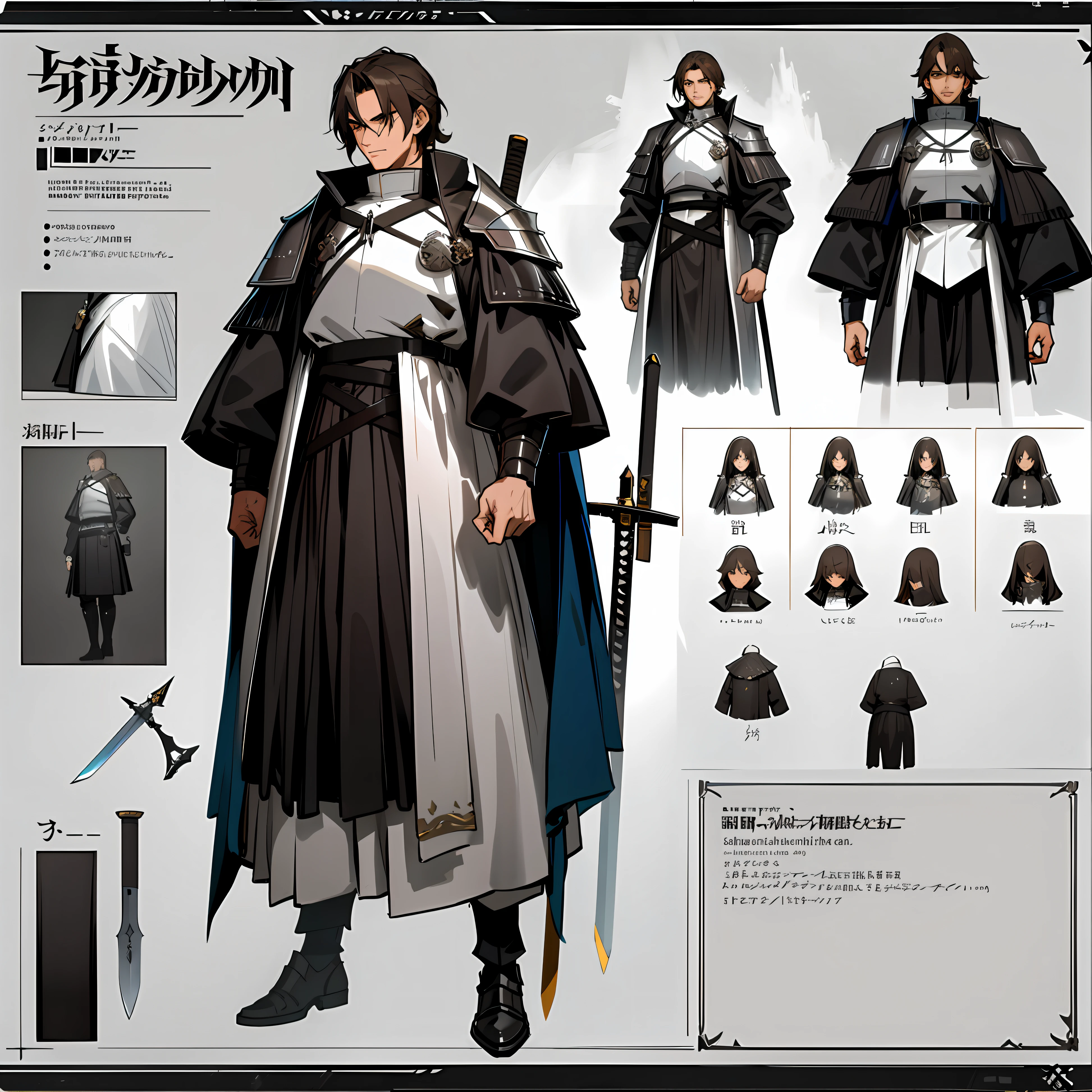 ((masterpiece)), (ultra detailed), (best quality), detailed background, (arknights style), (concept art, character sheet), (adult man, tall, muscular body, dark brown hair, short detailed hair), (16th century knighthood,tactical vest,),(Metallic reflective patch on the breastplate),(sword in hands,long sword,detailed sword),((Realistic detailed equipment))