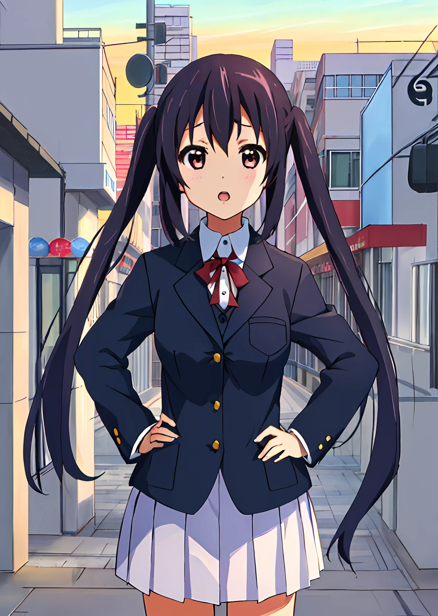 1girl in, (((​masterpiece))), top-quality, top-quality, high details, nakano azusa, 1girl in, Sakuragaoka High School Uniform, student clothes, Twin-tailed, length hair, A dark-haired, Brown-eyed, 独奏, reddish, Dark blue blazer with thin red ribbon, Solid white buttoned shirt under blazer, illustratio, comic strip, Soothing tones, Subdued Color, Soft cinematic light, adobe lightroom, Photolab, nffsw, intricately and hyper-detailed、(((depth of fields))))。(((​masterpiece)))。(((top-quality))).)((ultra-detailliert)))。(((illustratio)))。(((takeout))).Dynamic Focus.(big breasts).(((highrise buildings))).(((A city scape))).(((Face of sadness))). Open mouth.(((put hands on the hip))).(((up chest))).((evening glow)).((the setting sun)).