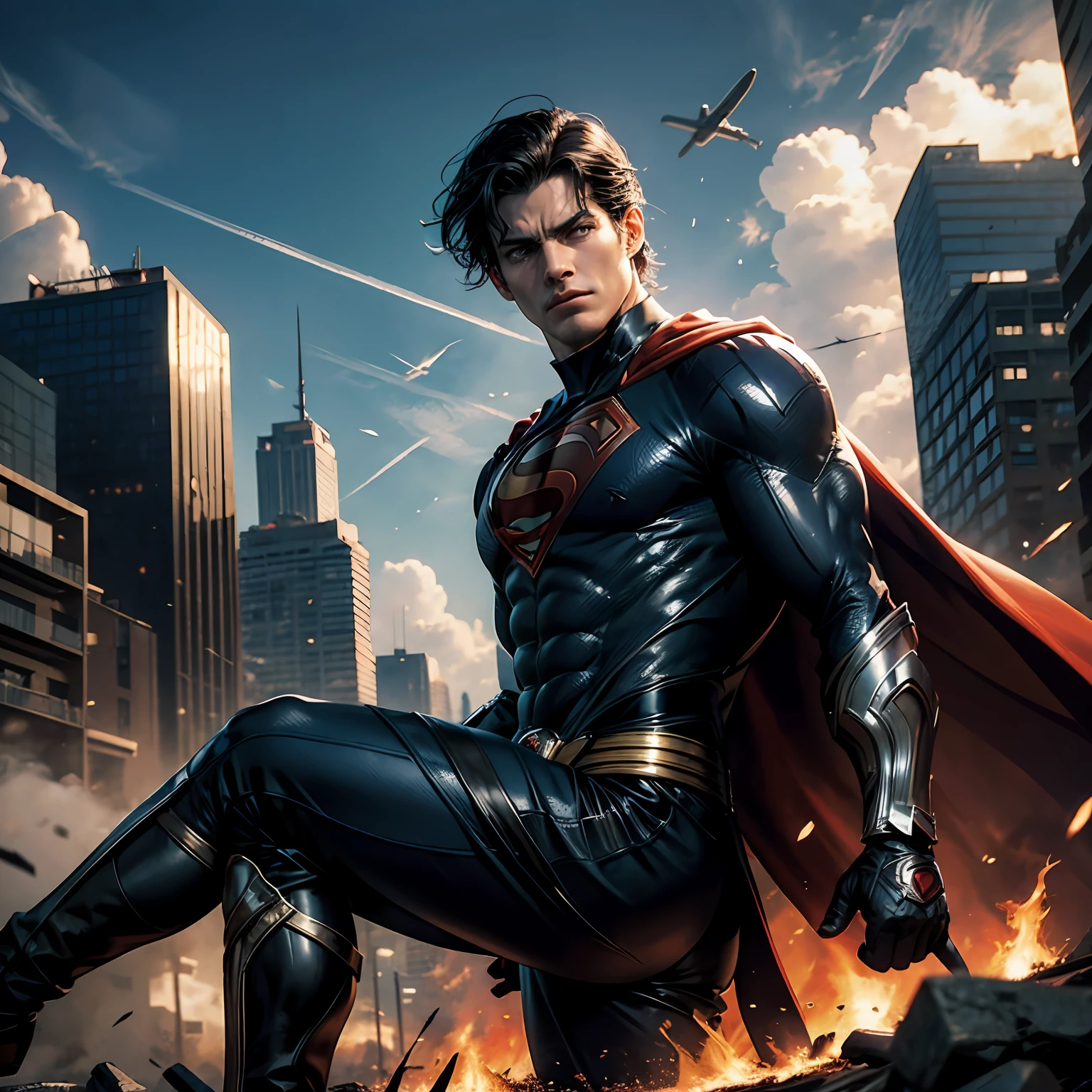 "Com seu imponente terno preto, Superman flies through the skies, his classic comic book hair rippling in the wind as he heads to a burning city;. The legendary "s" em seu peito ainda brilha vermelho, representando sua verdadeira natureza heroica. Despite the gloomy appearance, His determined expression radiates courage and justice. His blue eyes shine with power and compassion, as he uses his incredible abilities to put out the flames and rescue the terrified citizens. The legendary hero, with his imposing presence and undeniable charisma, It is a ray of hope in the midst of destruction, bringing relief and security to those who need it most." --auto
