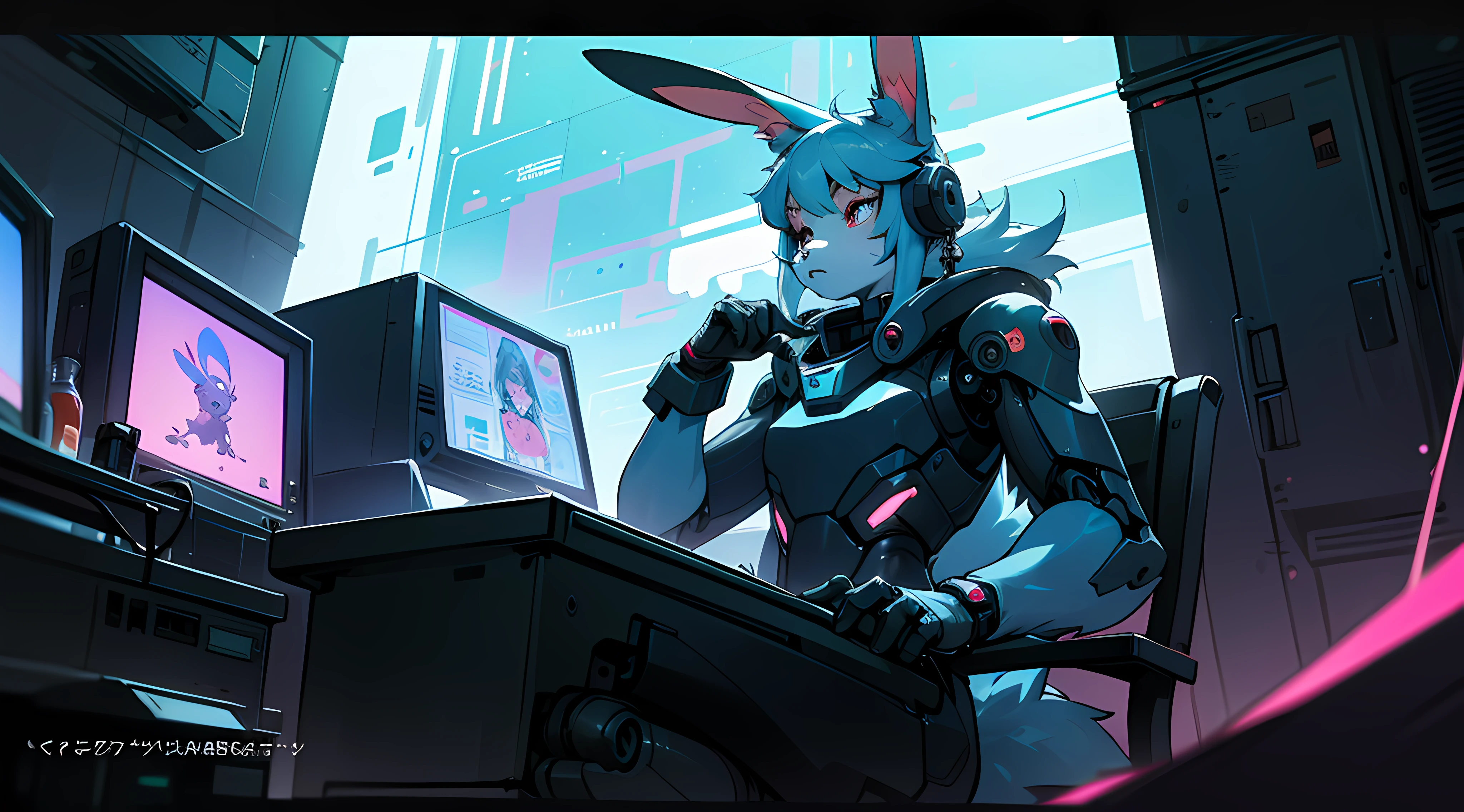 crt cel animated screencap of a still from an animated 1980s anime about a cyberpunk anthro kemono furry blue rabbit girl who patrols the streets with a technokatana looking for criminal robots, (blame! style abandoned tech landscape), (Zen, Amy Sol style), (((beats to relax/study to))), (((Lofi anthro kemono blue-furred rabbit girl in power armor sitting in metal chair behind computer terminal, behind giant glass terminal screen, beats to relax/study to))), (((blue kemono beastars furry rabbit anime hacker with small soft furry paws))), (((suspended glass cyberpunk computer terminals with robot rabbit in background))), ((glowing cyberdeck screens)), (underground, dark, foggy, perilous, abandoned dystopian apartment bedroom, deep windows), (abstract anthro rabbit figure wearing bunny ears), cover art with light abstraction, abstract, simple vector art, contemporary Cybernetic art, color gradients, soft color palettes, layered forms, whimsical animation, style Ethereal abstract, 4K, --v6