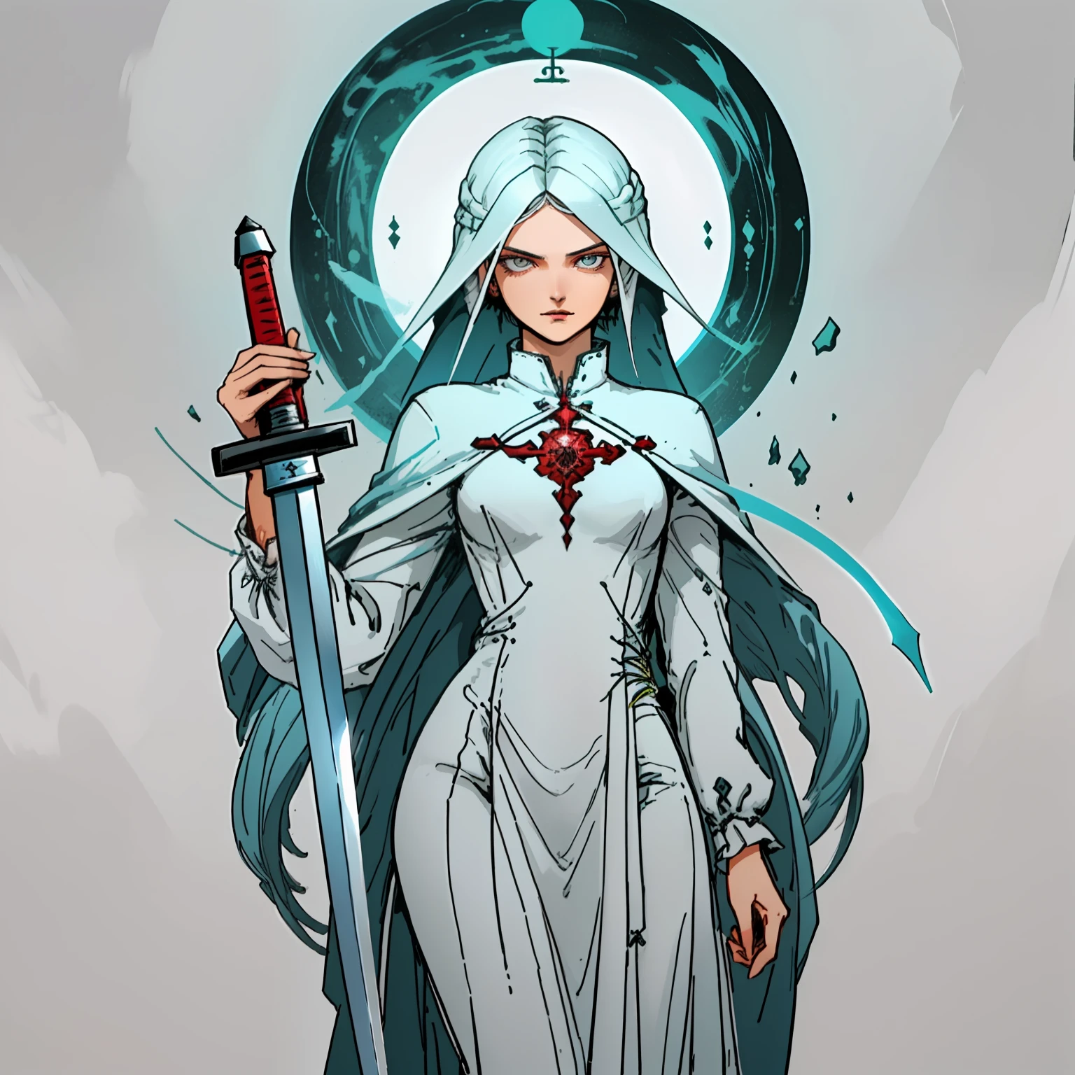 Garota pele clara,cabelo longo preto,olhos escuros,roupa de monje, espadachin, corpo inteiro, with a mystical long sword.