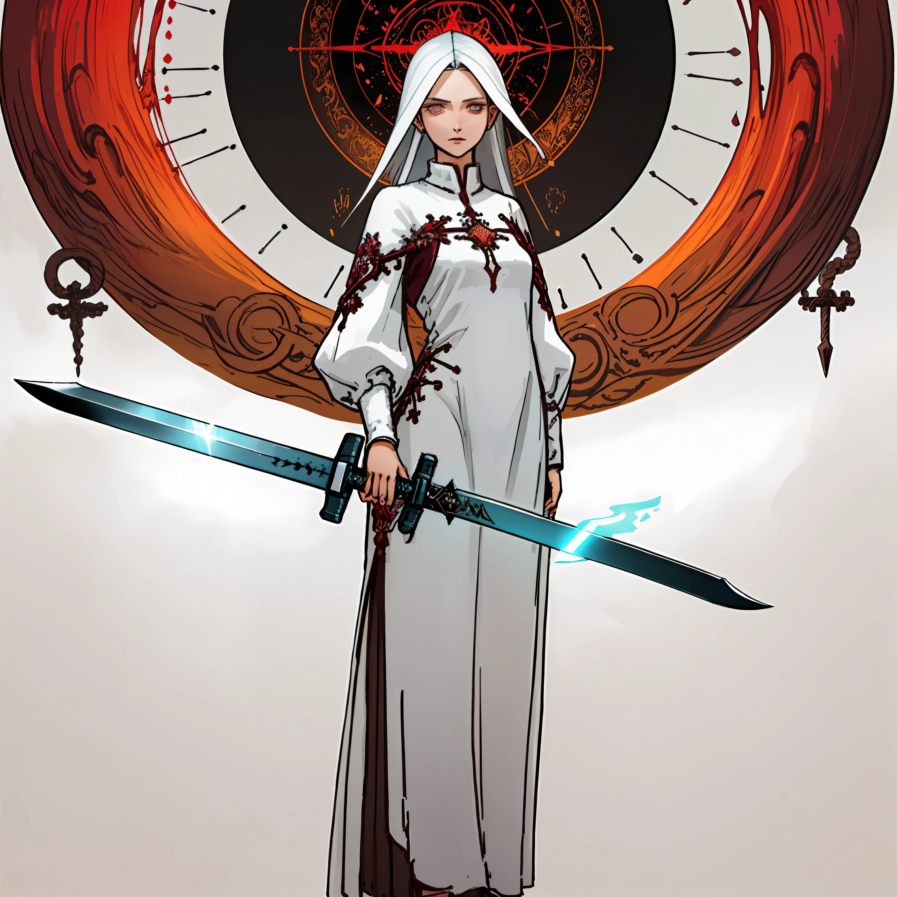 Garota pele clara,cabelo longo preto,olhos escuros,roupa de monje, espadachin, corpo inteiro, with a mystical long sword.