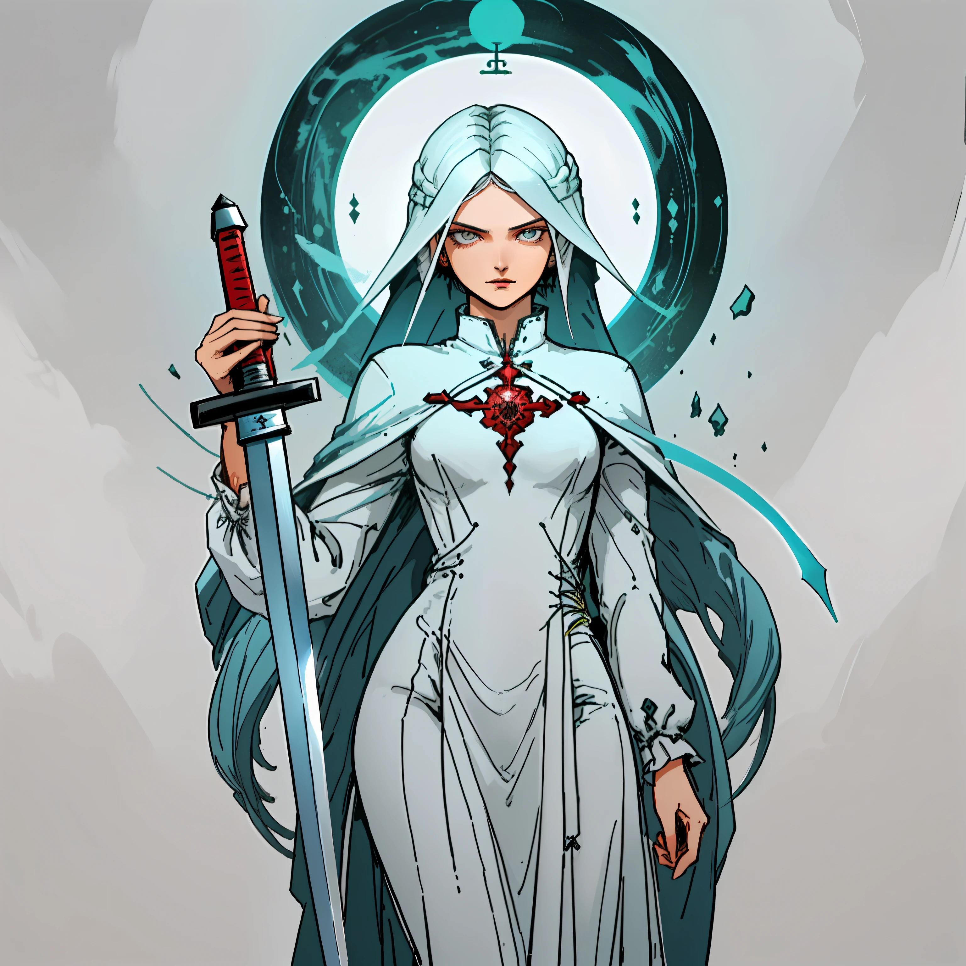 Garota pele clara,cabelo longo preto,olhos escuros,roupa de monje, espadachin, corpo inteiro, with a mystical long sword.