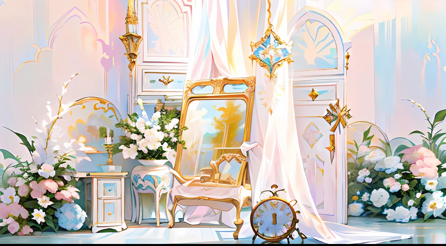 In front of the wall there is an easel with mirror and chairs, Ethereal and dreamy theme, in a white boho style studio, dreamy and detailed, bright studio setting, dreamy atmosphere and drama, baroque style painting backdrop, Dreamy atmosphere, Gorgeous and complex background, ethereal details, romantic setting, dreamy scenes, dreamy ethereal vibe, Dreamy style, Dreamy and ethereal，Dreamy style, Dreamy and ethereal，Meadows surrounded by flowers，There are European-style door frames on the grass，A white lace scarf was draped over the door frame，In front of the door frame is the easel，Flowers on easel photo frame，Dreamcatcher.com.。.com.。.。.com，On the left is the cabinet，The cupboards were filled with candles and flowers，Beautiful scene，exquisitedetails，rays of sunshine，Warm lighting，Natural soft light，white colors，In pink，higher details