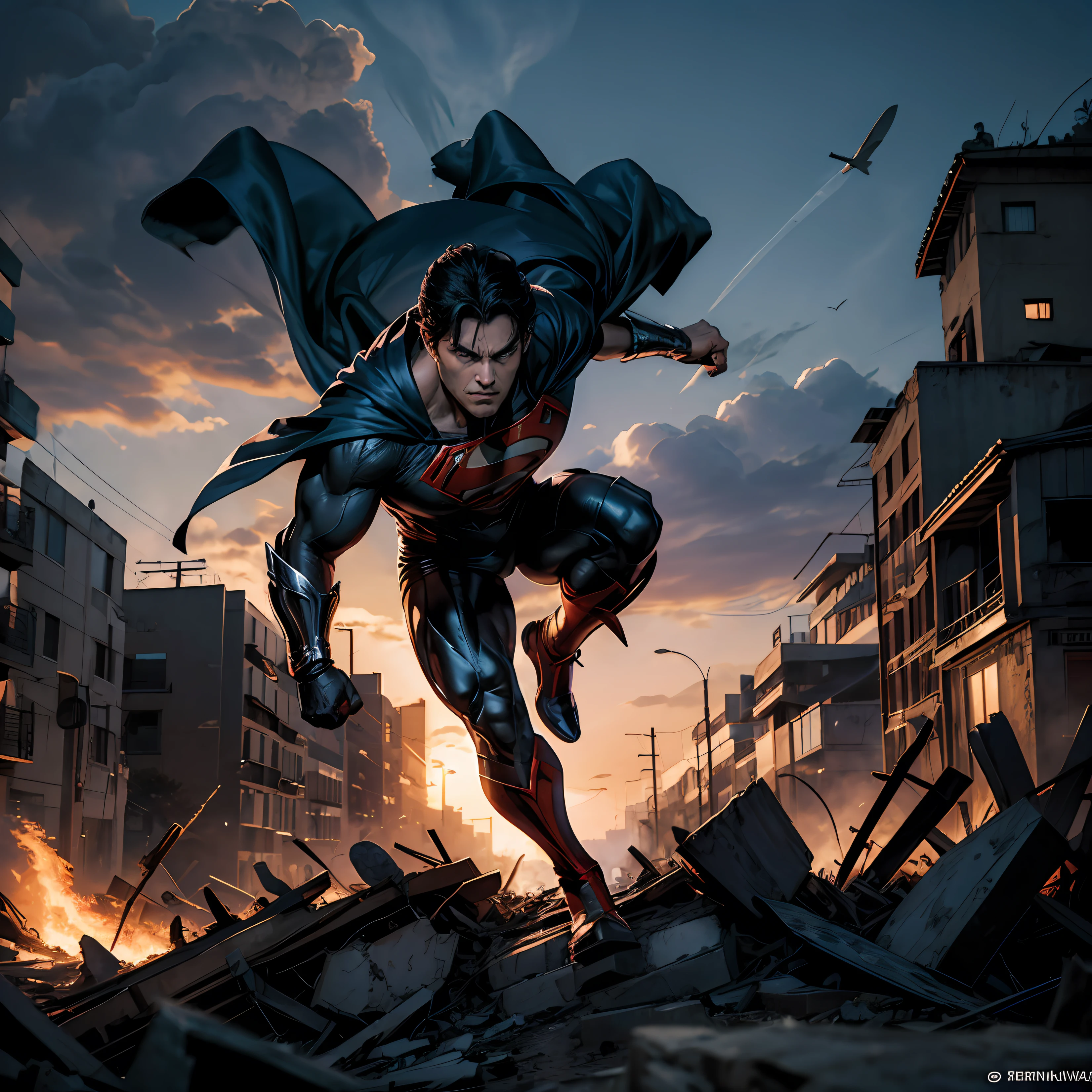 "Com seu imponente terno preto, Superman flies through the skies, his classic comic book hair rippling in the wind as he heads to a burning city;. The legendary "s" em seu peito ainda brilha vermelho, representando sua verdadeira natureza heroica. Despite the gloomy appearance, His determined expression radiates courage and justice. His blue eyes shine with power and compassion, as he uses his incredible abilities to put out the flames and rescue the terrified citizens. The legendary hero, with his imposing presence and undeniable charisma, It is a ray of hope in the midst of destruction, bringing relief and security to those who need it most." --auto