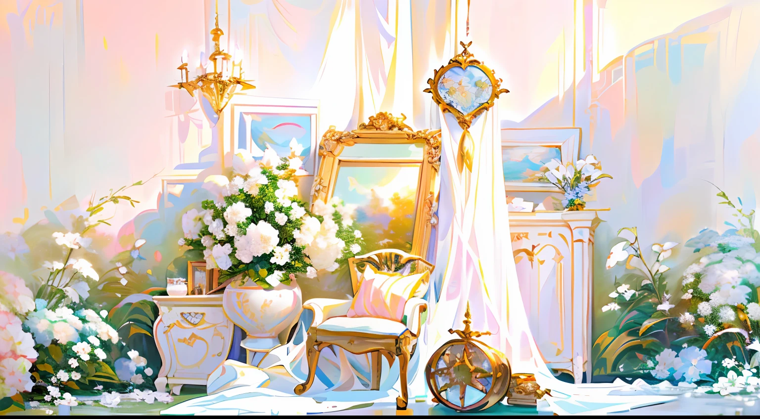In front of the wall there is an easel with mirror and chairs, Ethereal and dreamy theme, in a white boho style studio, dreamy and detailed, bright studio setting, dreamy atmosphere and drama, baroque style painting backdrop, Dreamy atmosphere, Gorgeous and complex background, ethereal details, romantic setting, dreamy scenes, dreamy ethereal vibe, Dreamy style, Dreamy and ethereal,Dreamy style, Dreamy and ethereal,Meadows surrounded by flowers,There are European-style door frames on the grass,A white lace scarf was draped over the door frame,In front of the door frame is the easel,Flowers on easel photo frame,Dreamcatcher.com.。.com.。.。.com,On the left is the cabinet,The cupboards were filled with candles and flowers,Beautiful scene,exquisitedetails,rays of sunshine,Warm lighting,Natural soft light,white colors,In pink,higher details