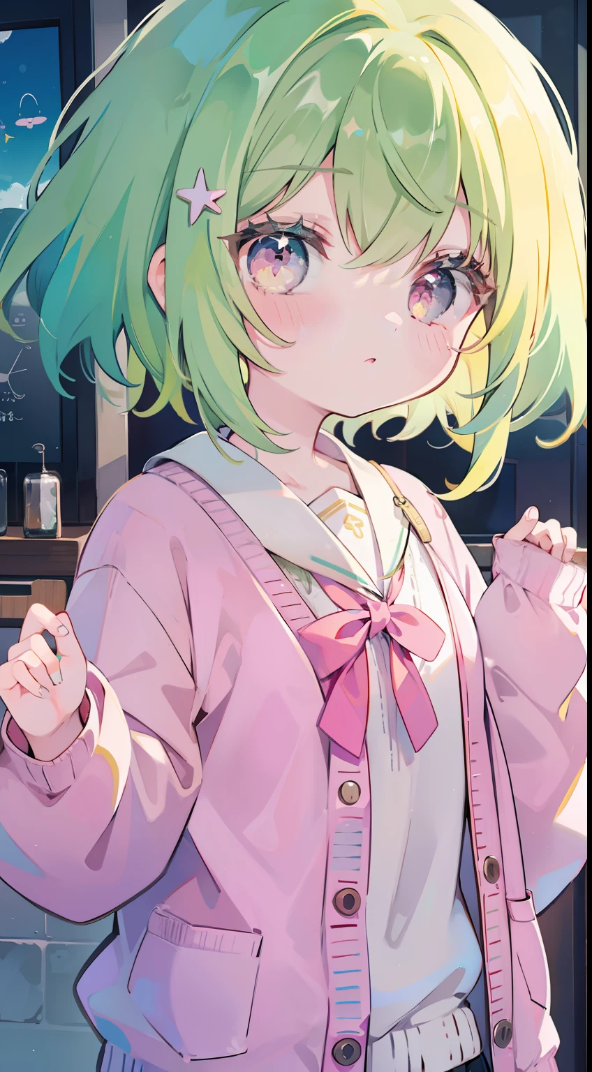 One girl、cute little、yellow-green hair、Pink eyes、cardigan、klee