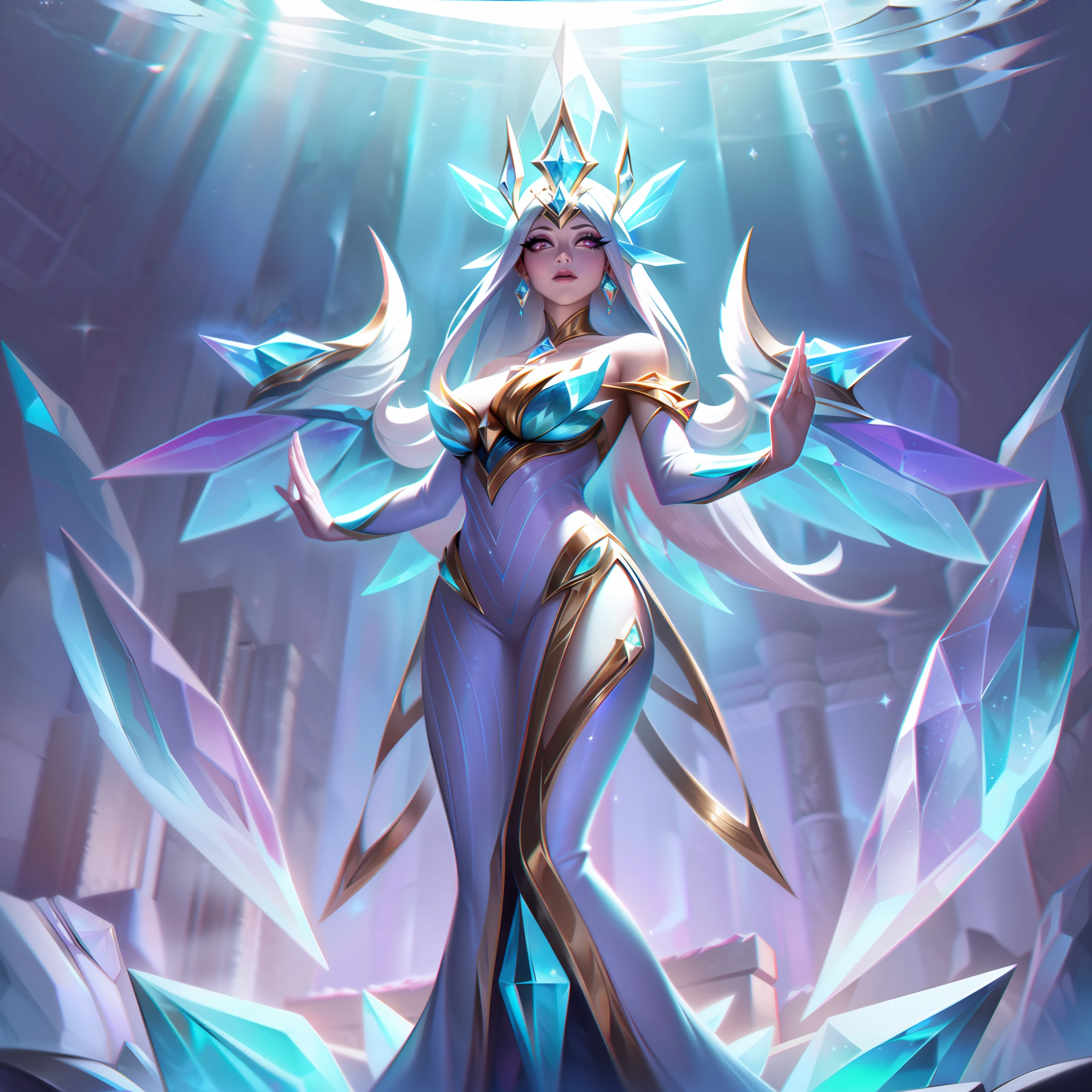 The Epic Skin "Crystal Empress Emprekyara" depicts the Weather Warden as a majestic and regal being of crystalline beauty, embodying the power and allure of a Crystal Empress.

In the splash art, Emprekyara's appearance undergoes a breathtaking transformation. She now stands as a being of dazzling crystal, with her entire body adorned in intricate and shimmering crystal formations. Her attire reflects the elegance and grandeur of a Crystal Empress, radiating with sparkling beauty.

Her wings have evolved into iridescent and translucent crystalline structures, symbolizing her connection to the crystal realm.

Emprekyara's eyes gleam with a regal and commanding aura, showcasing her newfound status as a Crystal Empress. Her pose exudes grace and majesty, as if she is a ruler of the crystal domain.

In the background, a realm of glistening crystals and enchanting light unfolds, enhancing the sense of wonder and royal splendor.

The color palette is dominated by luminescent hues, featuring crystalline blues, purples, and radiant bursts of light, creating an enchanting and ethereal atmosphere.