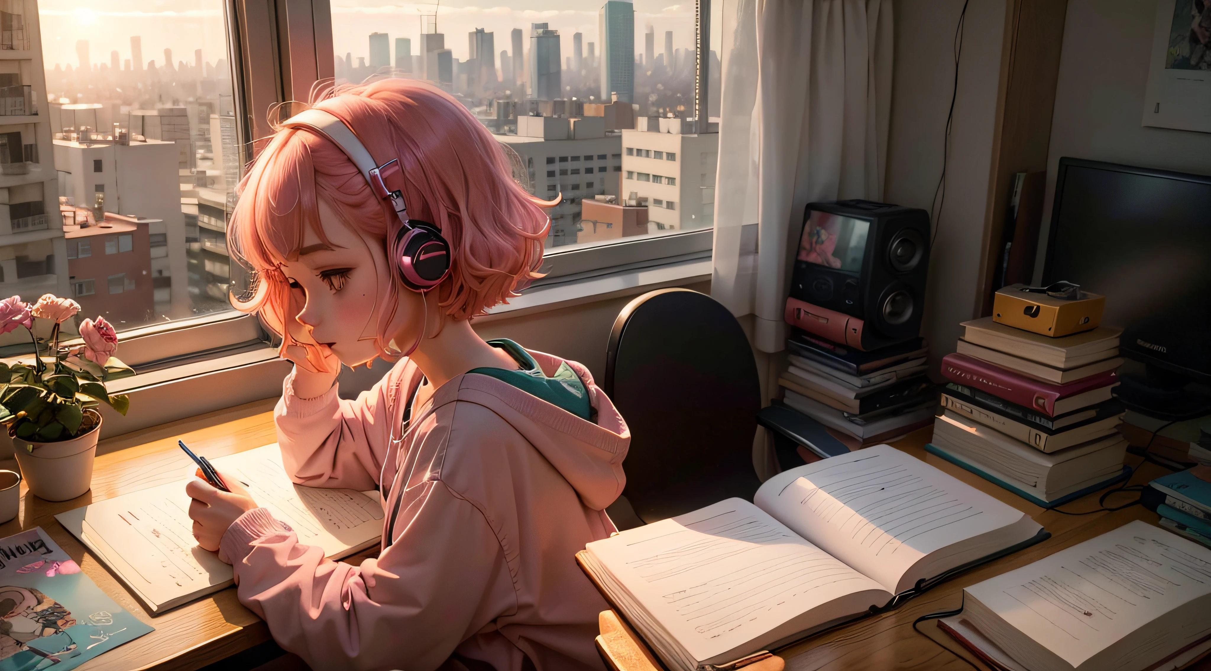 Lofi Music Anime Illustrations, uma menina com cabelo rosa em um quarto estudando, com livros, um notebook com uma pela vista de uma cidade de dia , listening to music while conceiving in studies, uma atmosfera agradavel e um pouco escuro o quarto --aut --auto