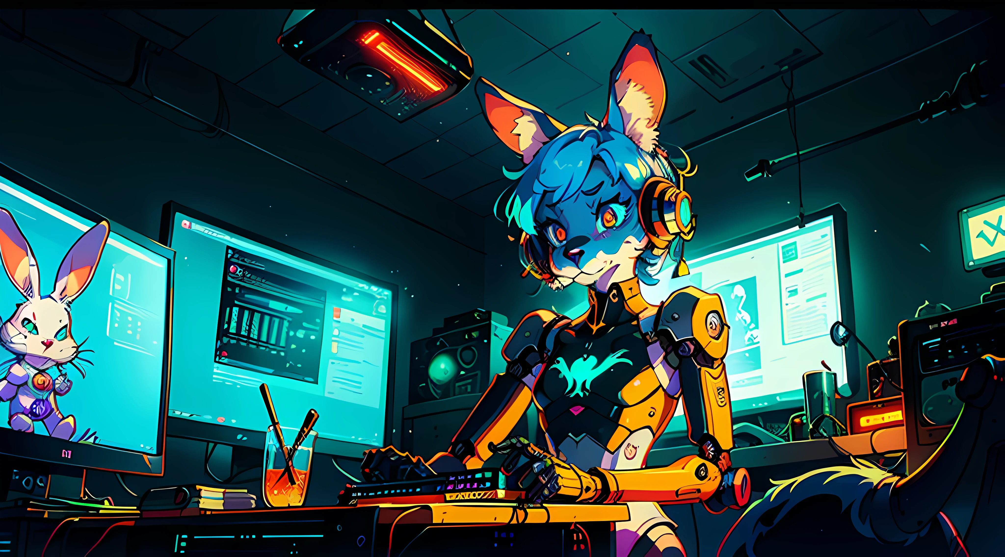 a digital painting of a woman with blue hair, cyberpunk art by Josan Gonzalez, behance contest winner, afrofuturism, synthwave, neon, glowing neon, crt screencap of a cel animation still from a 1980s neon dystopian anime about a cyberpunk anthro kemono furry blue rabbit girl who patrols the streets looking for criminal robots, (blame! style abandoned tech landscape), (Zen, Amy Sol style), (((beats to relax/study to))), (((Lofi anthro kemono blue-furred rabbit girl in power armor sitting in metal chair behind computer terminal, behind giant glass terminal screen, beats to relax/study to))), (((blue kemono beastars furry rabbit anime hacker with small soft furry paws))), (((suspended glass cyberpunk computer terminals with robot rabbit in background))), ((glowing cyberdeck screens)), (underground, dark, foggy, perilous, abandoned dystopian apartment bedroom, deep windows), (abstract anthro rabbit figure wearing bunny ears), cover art with light abstraction, abstract, simple vector art, contemporary Cybernetic art, color gradients, soft color palettes, layered forms, whimsical animation, style Ethereal abstract, 4K, --v6