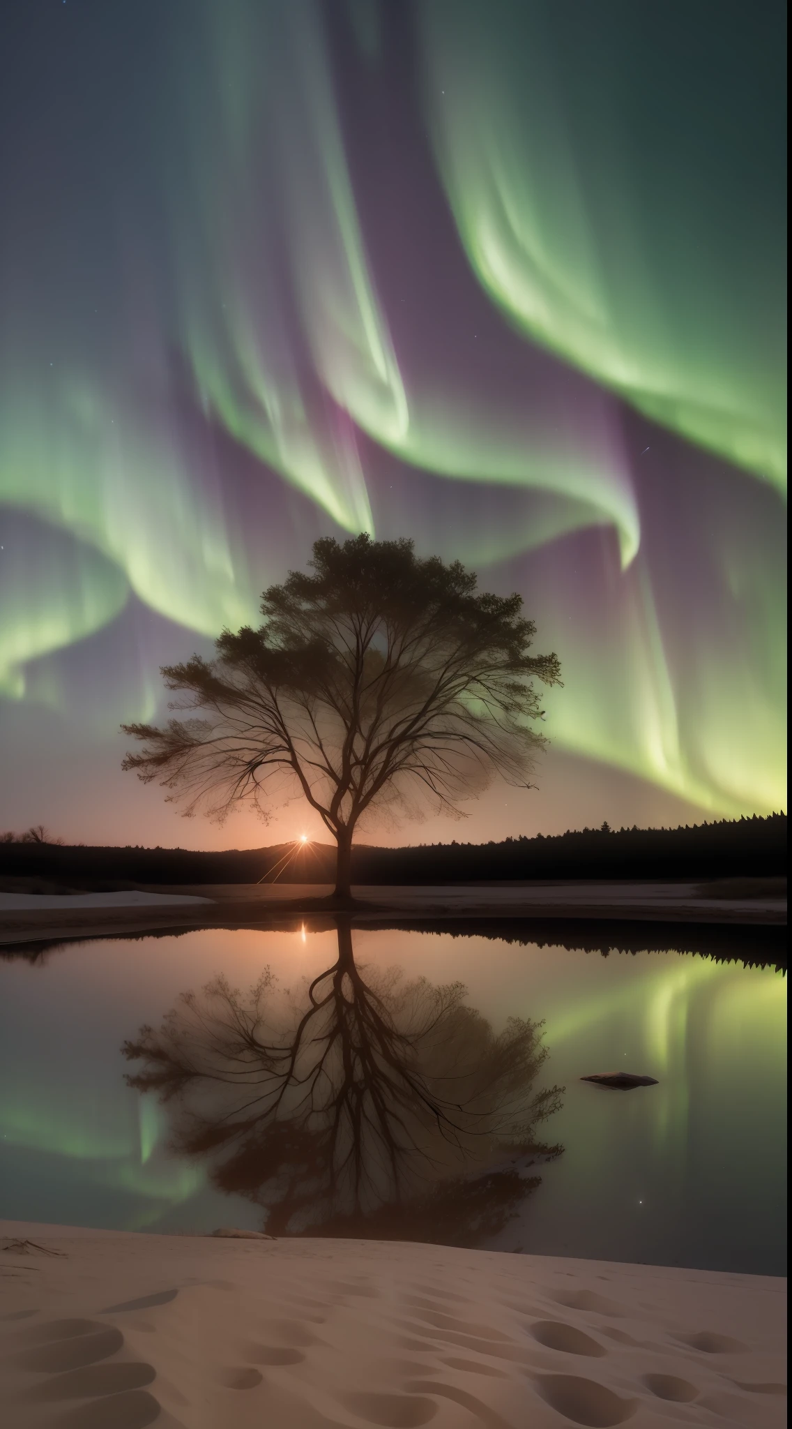 Zen,tree,dune,night sky,starry sky,aurora,8k,realistic image