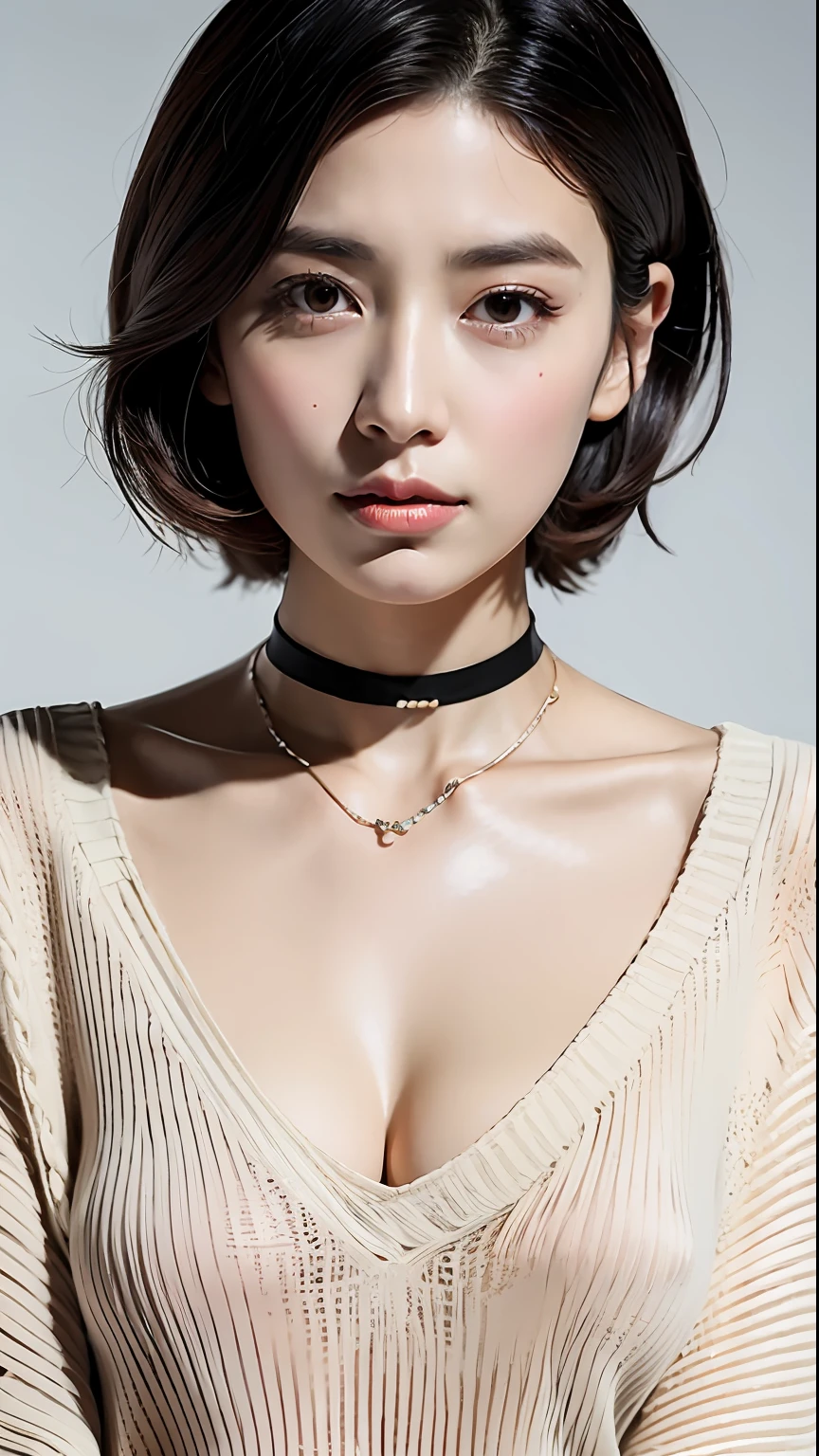 （best qualtiy，8K，32K，tmasterpiece，hyper HD：1.2），Beautiful Japanese woman in the photo，big cleavage breasts，Very short Bob hair，full bodyesbian，Oversized_Sweater，choker necklace，simple backgound，from the above，looking at viewert，