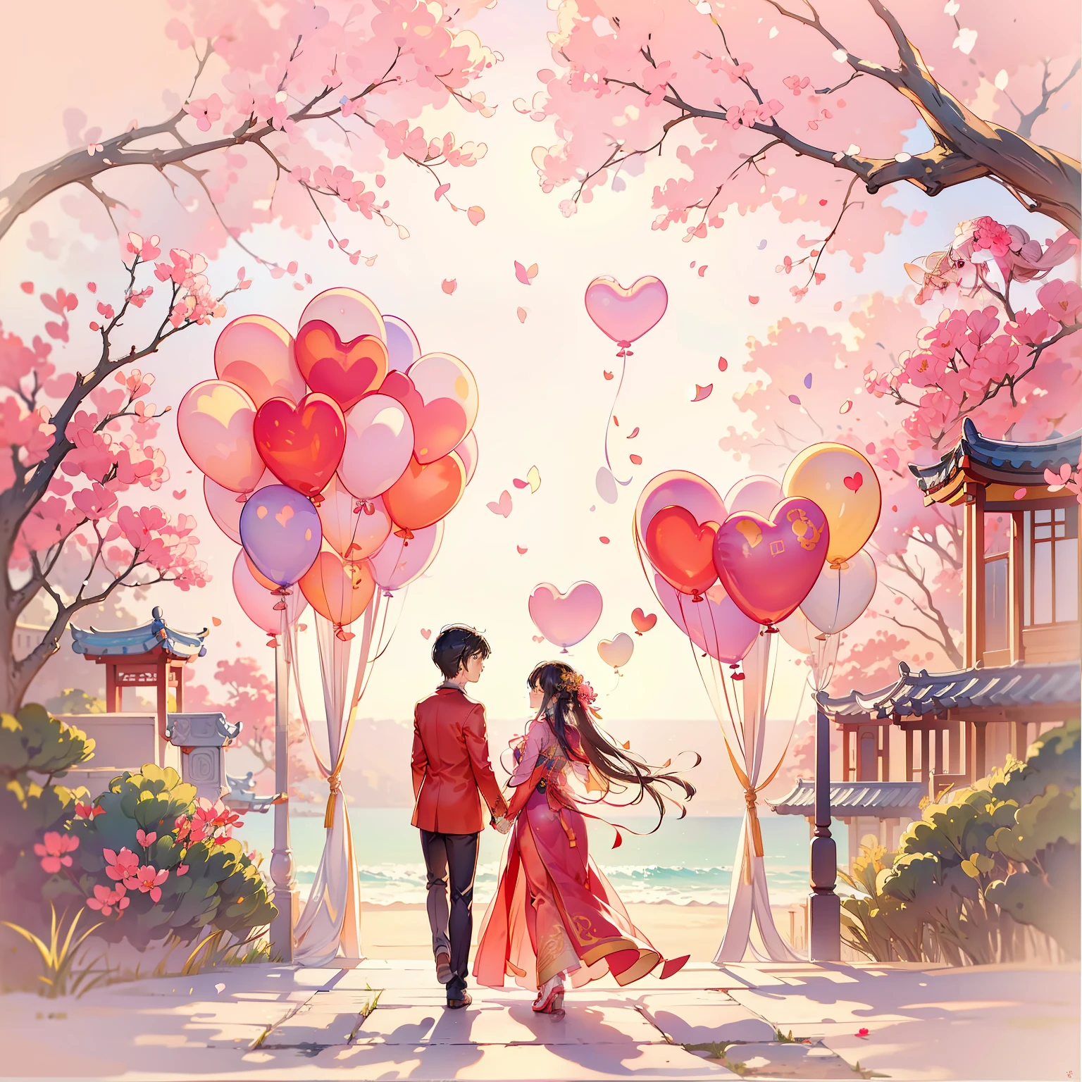 1. Love:Draw two people embracing each other、Scenes of snuggling up to each other,Express deep love。 2. red line:Draw a red thread and wrap it between the fingers of the two,It symbolizes destiny and lifelong companionship。 3. heart-shaped:Heart-shaped theme,Draw two hearts overlapping each other,Express the tacit understanding and fit between the two。 4. evening light:Draw a beautiful sunset,The two stood side by side,Enjoy romantic sunset moments。 5. Love:Draw two people in an intimate pose together,Such as hugs、Kissing or holding hands,Show their affection and intimacy。 6. Walk by the sea:Draw a scene of couples walking hand in hand by the sea,bathed in sunlight,Easy delivery、Romantic atmosphere。 7. key:Draw a picture of couples exchanging keys with each other,It symbolizes mutual trust and commitment。 8. balloons:Draw two people holding balloons in each hand,It symbolizes their pursuit of happiness and a better future together。 9. group picture:Draw a picture of two people taking a group photo,Record their moments and memories。 10. White wedding dress and black suit:Draw the image of two people wearing wedding dresses and suits,It symbolizes that they are about to enter the temple of marriage。