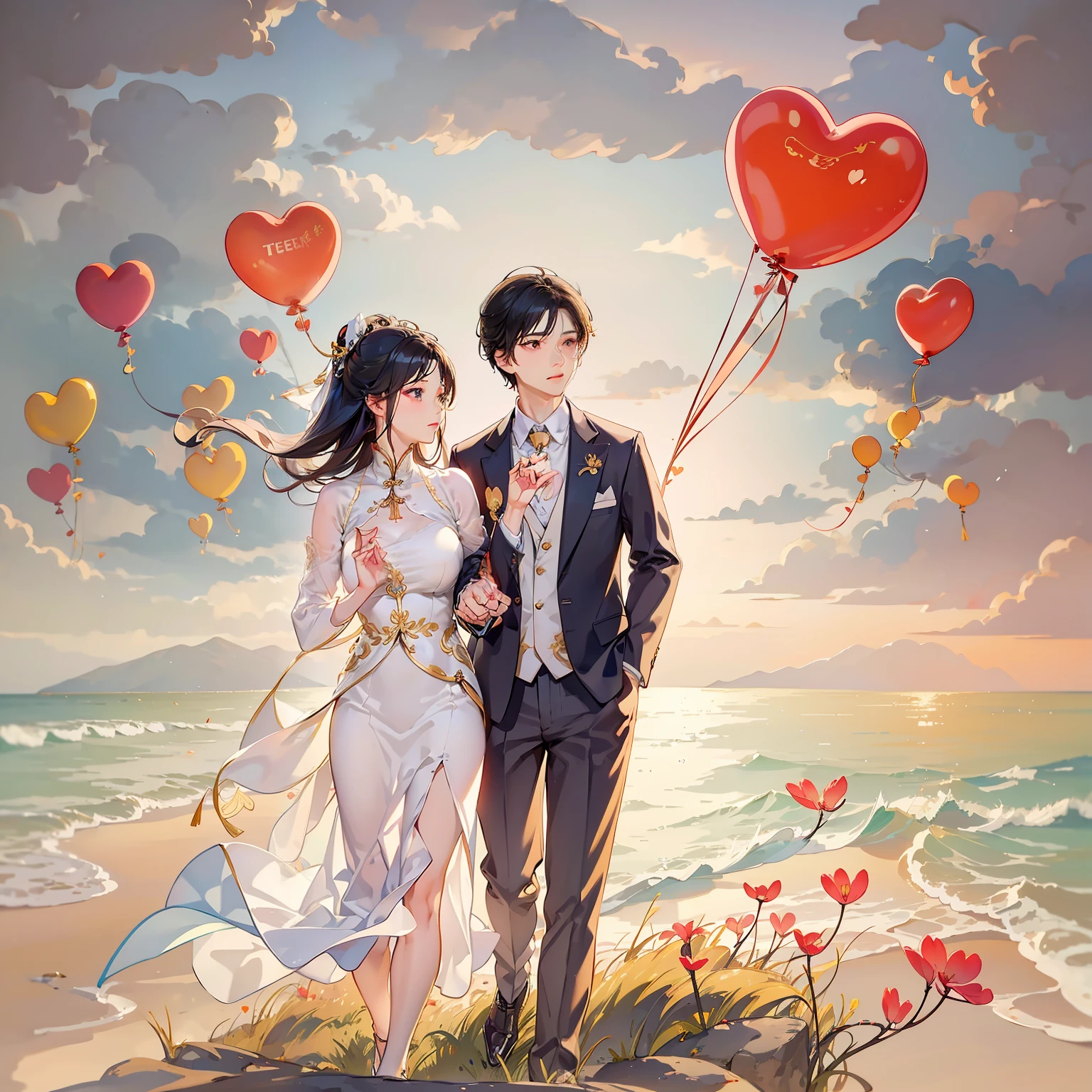 1. Love:Draw two people embracing each other、Scenes of snuggling up to each other,Express deep love。 2. red line:Draw a red thread and wrap it between the fingers of the two,It symbolizes destiny and lifelong companionship。 3. heart-shaped:Heart-shaped theme,Draw two hearts overlapping each other,Express the tacit understanding and fit between the two。 4. evening light:Draw a beautiful sunset,The two stood side by side,Enjoy romantic sunset moments。 5. Love:Draw two people in an intimate pose together,Such as hugs、Kissing or holding hands,Show their affection and intimacy。 6. Walk by the sea:Draw a scene of couples walking hand in hand by the sea,bathed in sunlight,Easy delivery、Romantic atmosphere。 7. key:Draw a picture of couples exchanging keys with each other,It symbolizes mutual trust and commitment。 8. balloons:Draw two people holding balloons in each hand,It symbolizes their pursuit of happiness and a better future together。 9. group picture:Draw a picture of two people taking a group photo,Record their moments and memories。 10. White wedding dress and black suit:Draw the image of two people wearing wedding dresses and suits,It symbolizes that they are about to enter the temple of marriage。