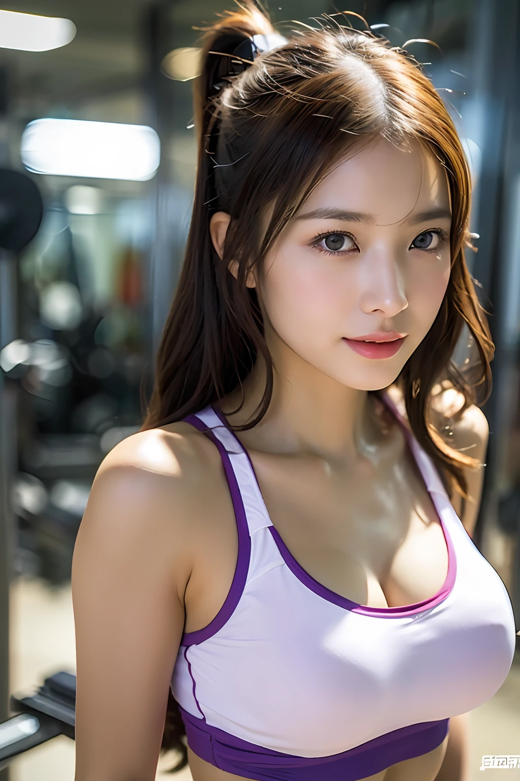 (Photoreal: 1.4), (Hyperrealistic: 1.4), (Realistic: 1.3), (Smooth Lighting: 1.05), (Improved Cinematic Lighting: 0.9), 32K, 1 Girl, 20 Year Old Girl, Realistic Lighting, Backlight, Face Lights, Ray Trace, (Whitening Light: 1.2), (Image Enhancement: 1.4), ( Best image quality real skin: 1.4), fine eyes, fine face, fine eyes, (increased mood of body line: 1.1), oversized breasts, big breasts, (increase in beauty of skin texture: 1.1), gym clothes that adhere to the body,