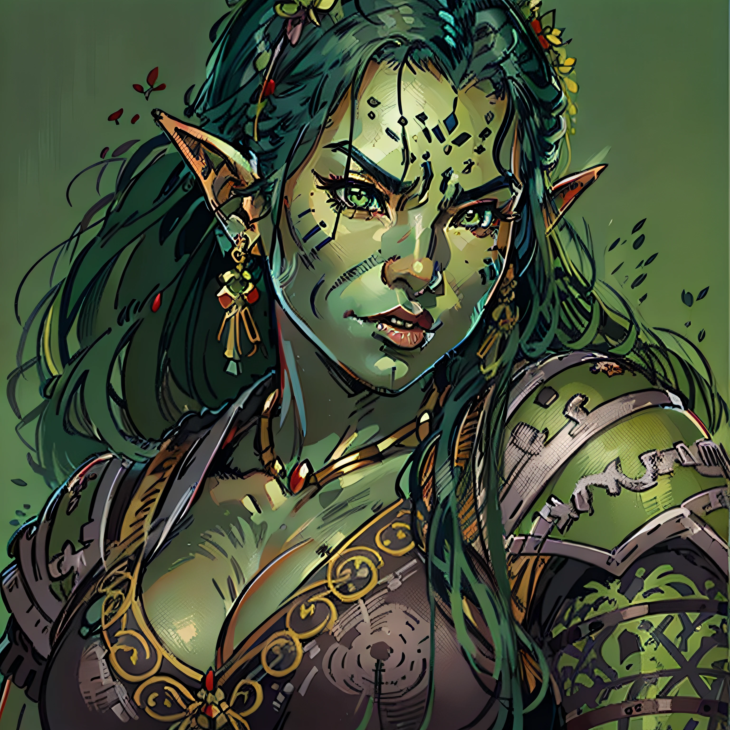 half orc, green skin, female, sexy, close up portrait, asian look, rpg character, medieval fantasy