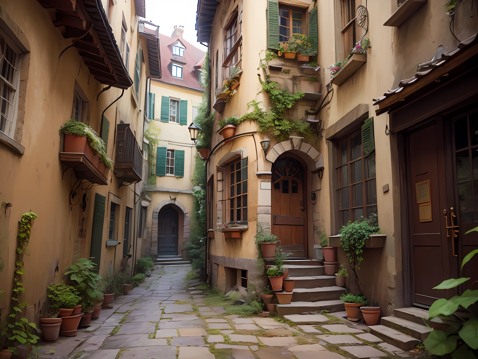 leica_style, hilly terrain, old flimsy shabby steampunk townhouse, overgrown, highly detailed, extremely sharp focus, closeup, bokeh background, art nouveau