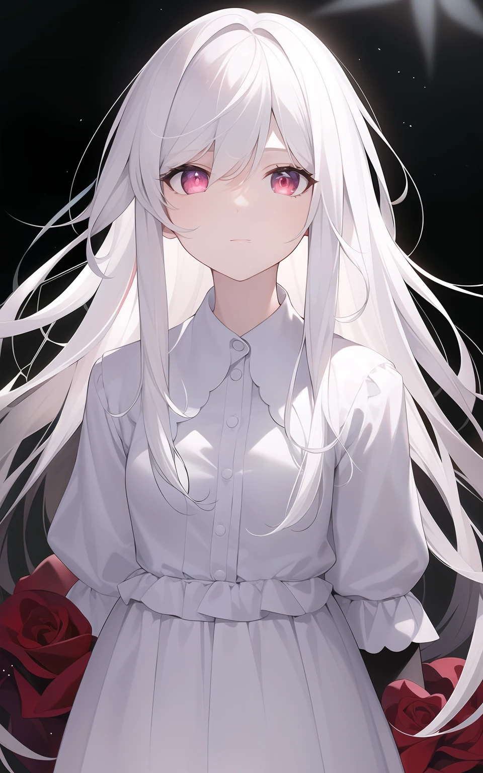 ((Masterpiece, Best quality))++, Detailed light+, Detail hair+, detail hand+ ,1girll, woman, Long hair, dark red eye, Beautiful eyes, Young gray hair,,(Beautiful white hair:1.5),(Beautiful detailed eyes), high resolution+, The shirt , White skirt, Glass tones, Reflective eyes, ((Halo)), {{Angle}} , extremelydetailedwallpaper, Original, butterflys