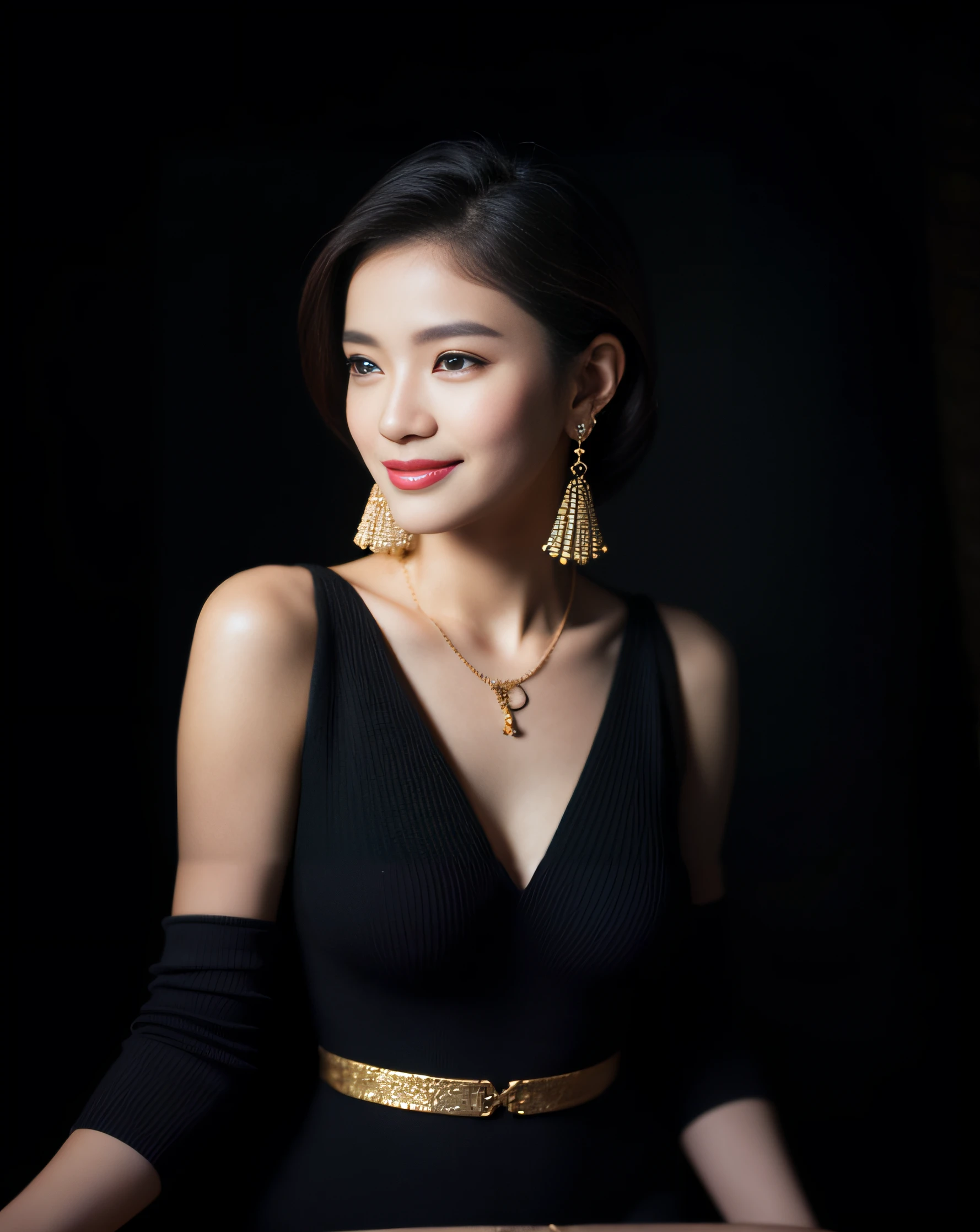 Arafe woman in black dress with gold necklace and earrings, Young beautiful woman, Beautiful young asian woman, a young asian woman, wearing elegant jewellery, Wearing Gold Jewelry, asian female, Beautiful Asian Woman, wearing ornate earrings, Young Asian Woman, gold earring, Chinese Woman, Beautiful young Korean woman, gorgeous chinese model, wearing an elegant outfit