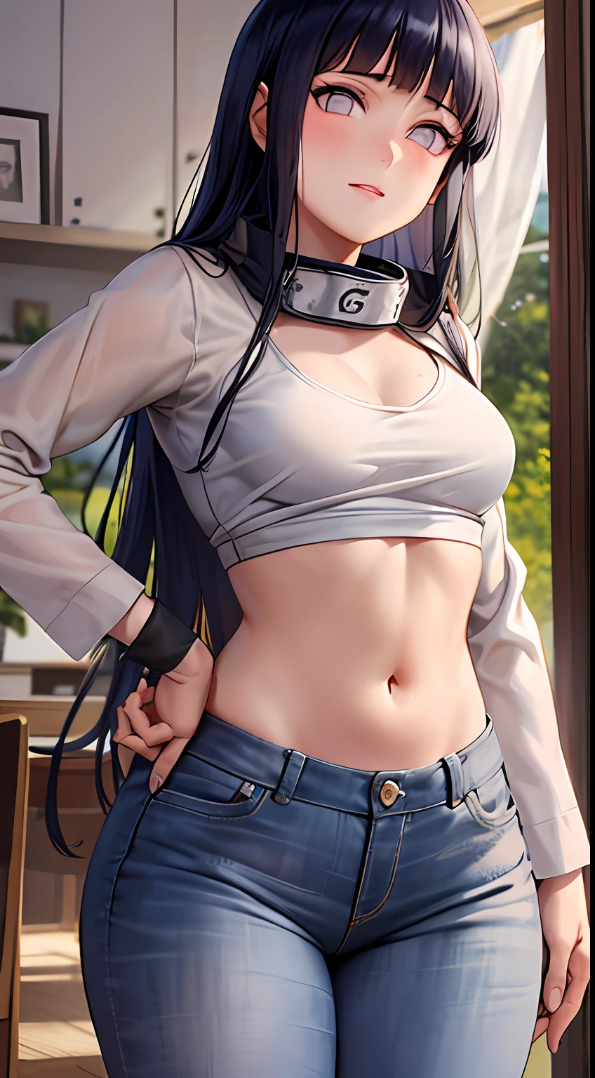 obra-prima, Altas, alta qualidade, rosto detalhado, render corpo detalhado, 1girl, sozinho, hyuuga hinata, hinata-sleevless-outfit, seios pequenos, Small thorax, quadril largo, coxas grossas, camisa sem mangas, top, tampo da rede de pesca, Dark lips, no-bra, seios para fora, Dope, standingn, Blushes, (no quarto), tight jeans