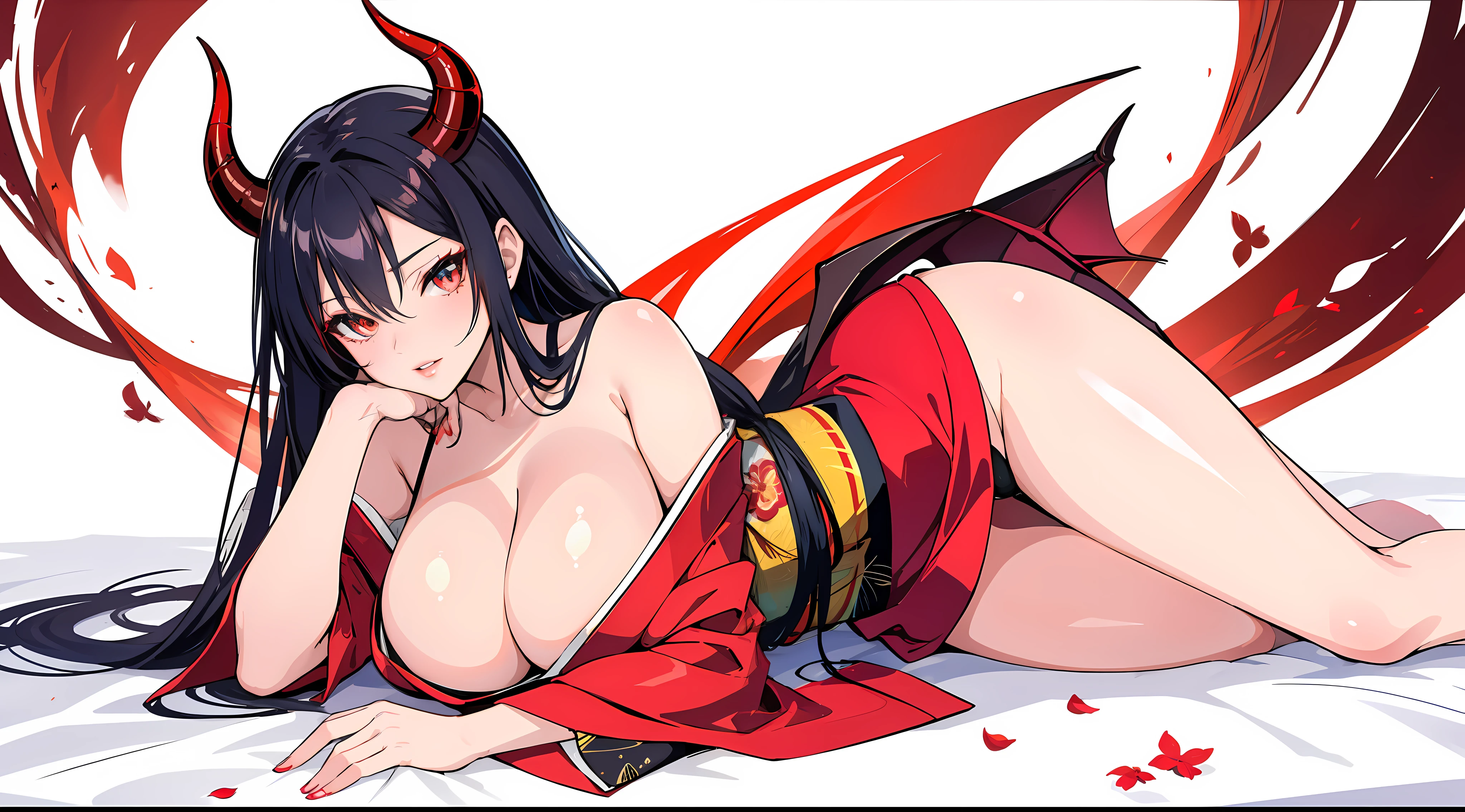 anime girl with horns and red glowing eyes, seductive look, oppai, red kimono with flower pattern, large breasts, succubus, anime moe artstyle, white background, only character, red long hair
woman, EdobSuccubus, EdobSuccubusRed,
full body shot, lying on its side towards the viewer, looking at viewer,
ultra detailed, perfect eyes, perfect hair, perfect body, perfect body parts, perfect fingers, perfect hands, perfect face, perfect lips, detailed coloring
