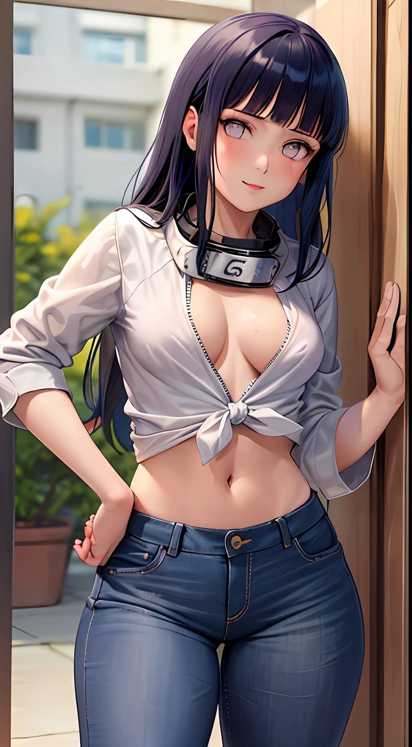 obra-prima, Altas, alta qualidade, rosto detalhado, render corpo detalhado, 1girl, sozinho, hyuuga hinata, hinata-sleevless-outfit, seios pequenos, Small thorax, quadril largo, coxas grossas, camisa sem mangas, top, tampo da rede de pesca, Dark lips, no-bra, seios para fora, Dope, standingn, Blushes, (no quarto), tight jeans