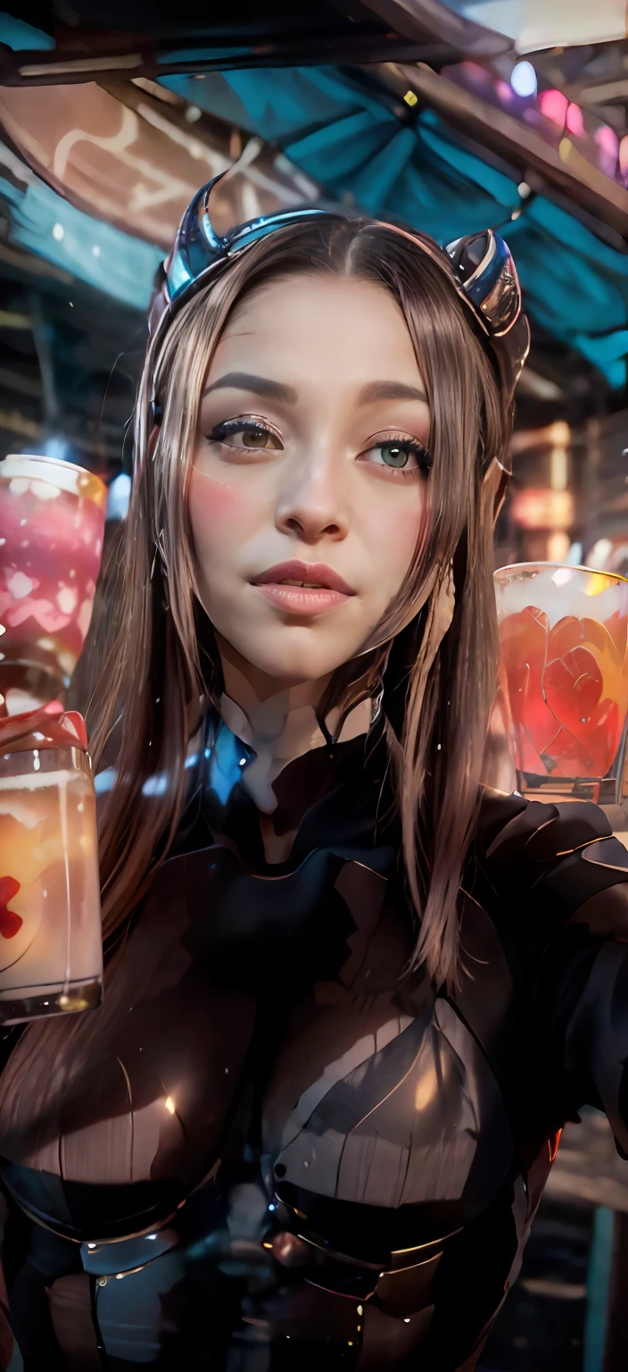 Araffe  em um vestido preto tirando uma selfie em um carnaval, Ilya Kuvshinov com cabelo longo, dilraba dilmurat, Cerveja Soft Devil Queen Madison, Retrato Sophie Mudd, 19-year-old girl, 18 anos, Pokimane, Fotografia selfie 8k, Cerveja Madison, foto de perfil