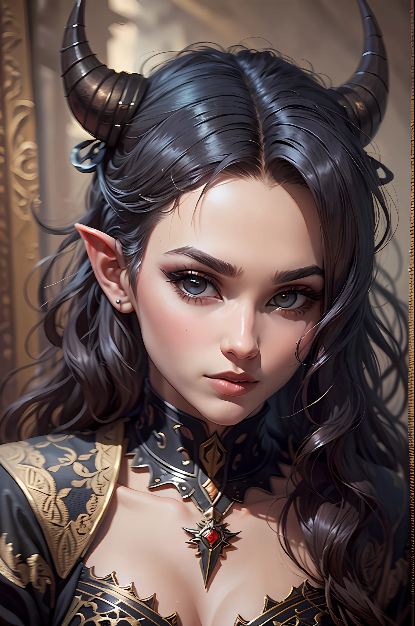uma Tiefling de cabelo preto longo e cacheado bebendo vinho, rosto bonito, cabelo preto, arte detalhada, arte fantasia, arte medieval, alto detalhe