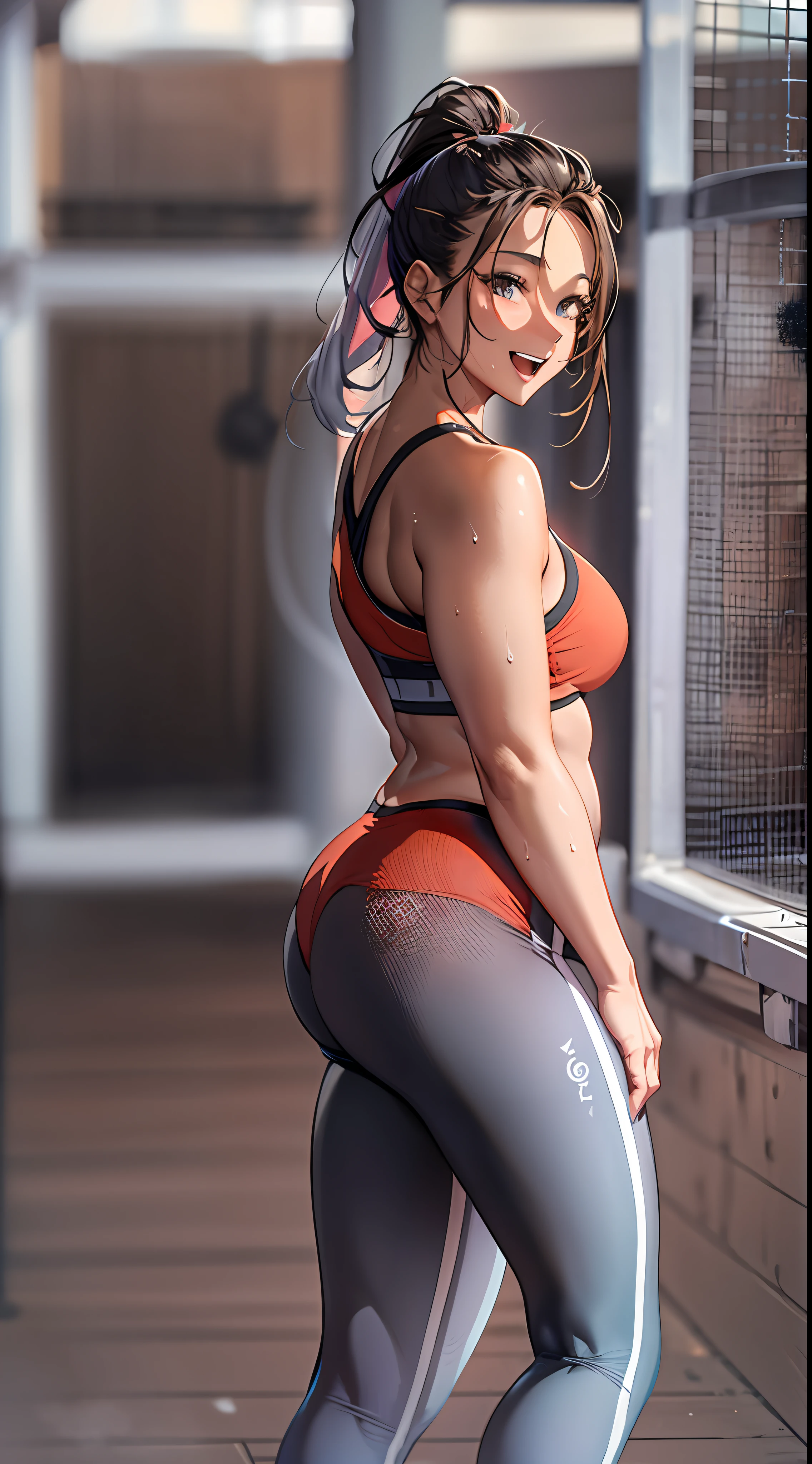 yoga tights, tiny sports bra, wiping sweat from brow, workout, ponytail, smiling, open mouth, jaw-dropping beauty, jaw dropping beauty, thicc, giant stunning goddess shot, sexy look, sexy girl, sexy hot body, Most beautiful woman in the world, stunningly beautiful, gorgeous, breathtaking beauty, perfect woman, perfect body, elegant, sexy, enormous breasts, gigantic boobs, titanic tits, unrealistically large breasts, wide hips, fat ass, huge round butt