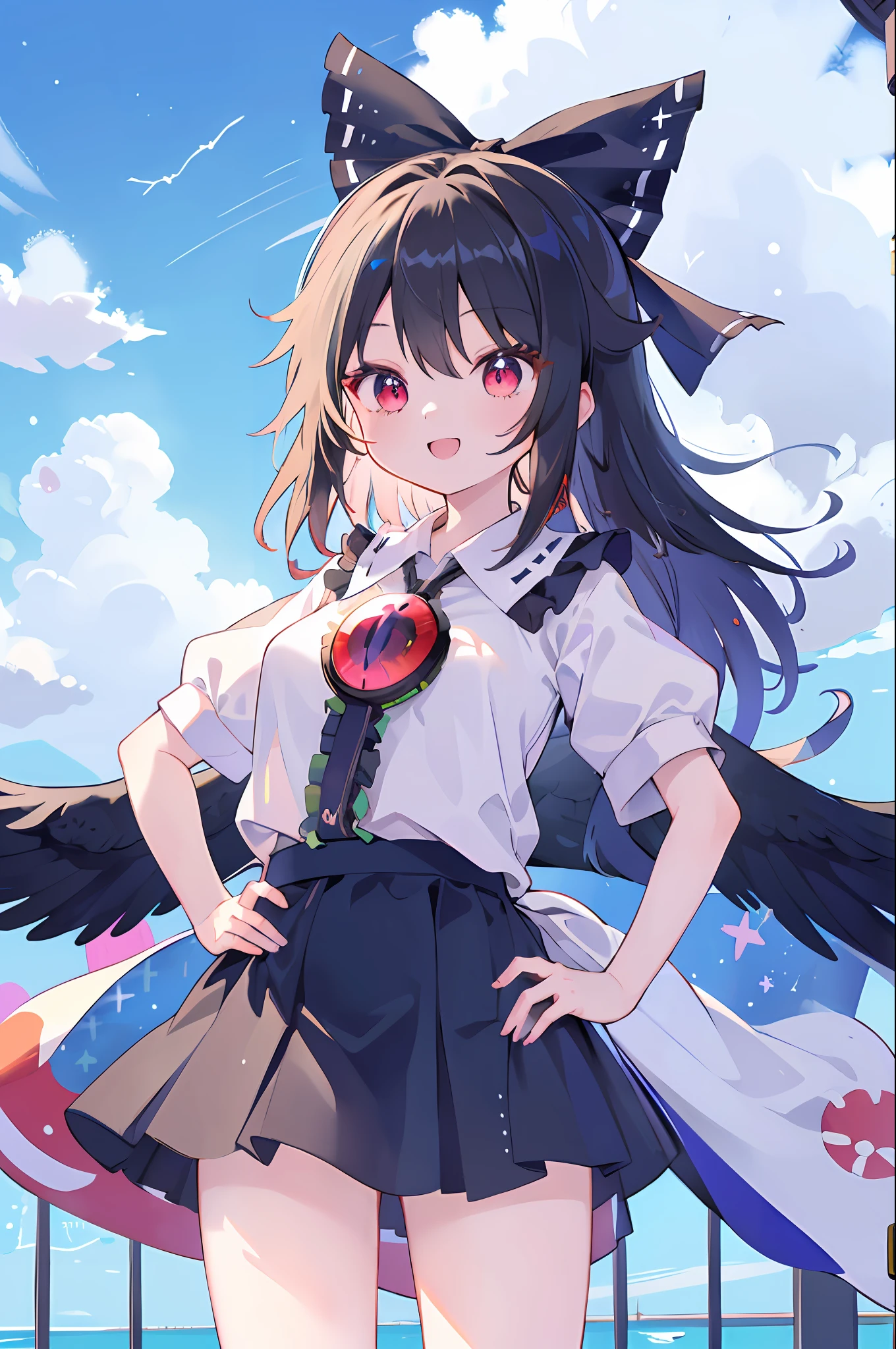 (masutepiece, Best Quality:1.2), Cowboy Shot, Solo, 1girl in, reiuji utsuho, 3rd eye, Smile, Looking at Viewer, put hands on the hip, Hair Bow, Shirt, Puffy Short Sleeves, Skirt, Wings