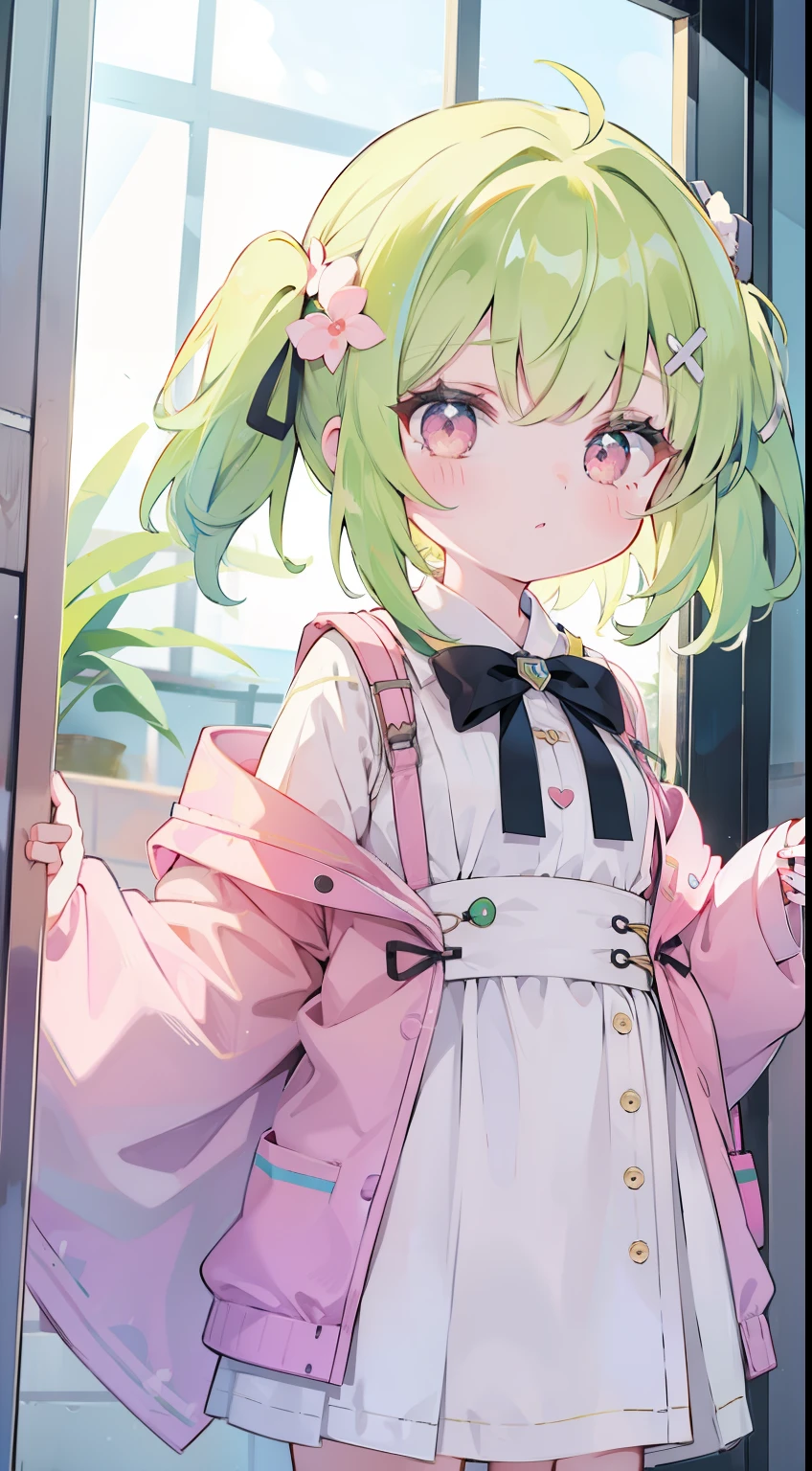 One girl、cute 、Yellow-green hair、Pink eyes、校服