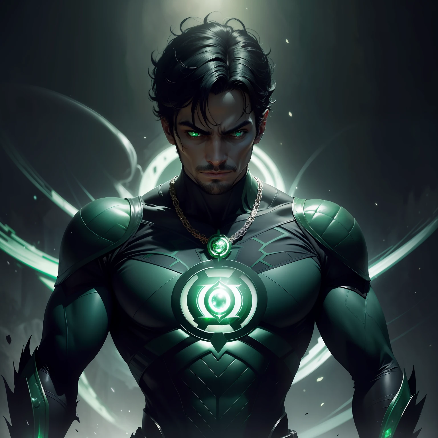 "In a stunning cosmic setting, a Gothic-looking Green Lantern floats in close-up. His black, detailed costume is adorned with intricate patterns reminiscent of the grim architecture of an ancient cathedral. Seus olhos brilham intensamente em verde, reflecting the inexhaustible power he channels through his ring. The emerald aura that surrounds him connects him to Willpower, as he hovers in space, uma figura solene e misteriosa. The expression on his face is serene, but it carries an enigmatic intensity, revealing an unbreakable determination to protect the universe against evil. This gothic Green Lantern personifies the duality between darkness and light, evidencing that even in the darkest depths there is hope and courage.”