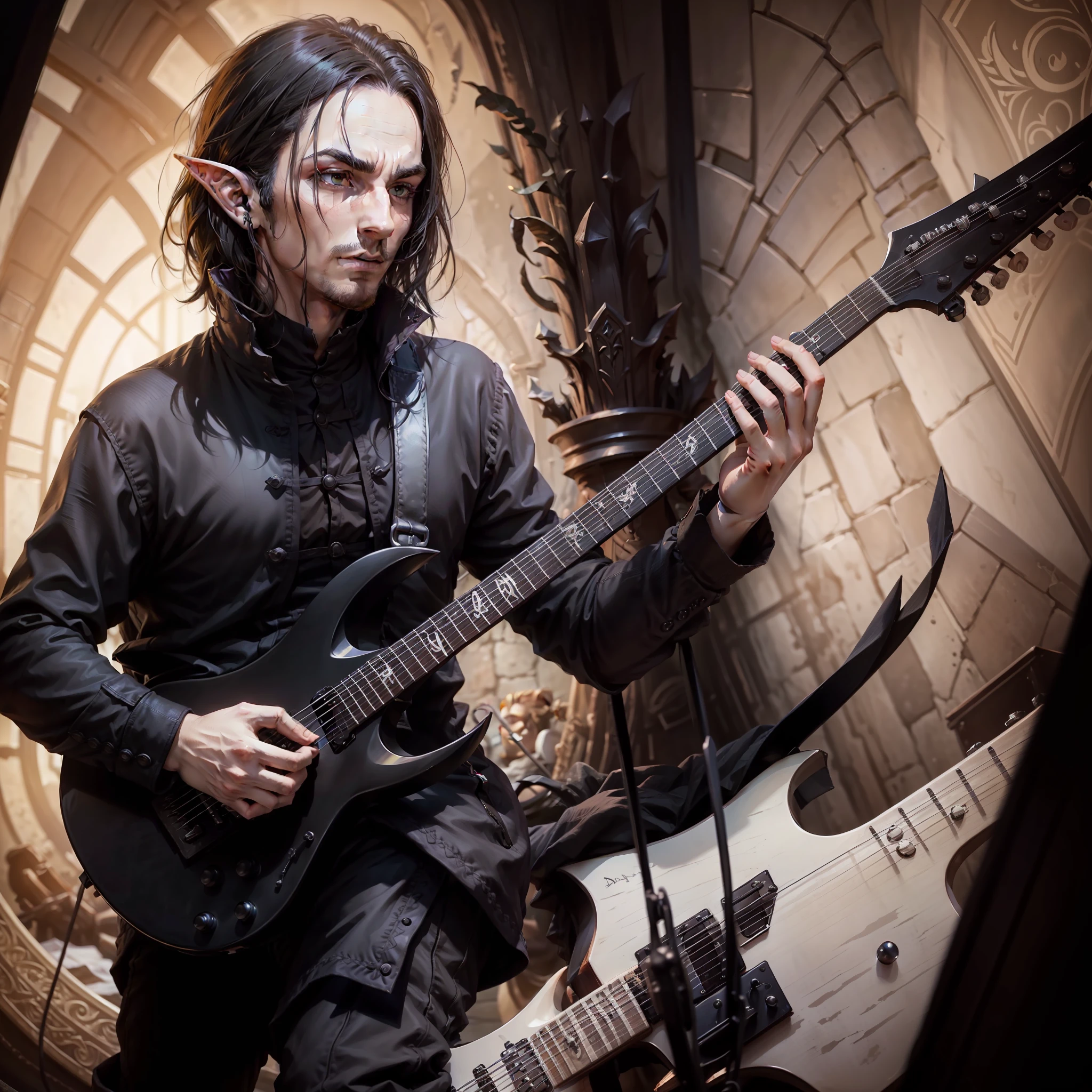 full body low angle shot of a intimidating male elf warlock bard playing guitar while standing, D&D style, male elf, black hair, highly detailed, high quality, male short hair, adult face, perfect hands, (masterpiece), best quality, expressive eyes,