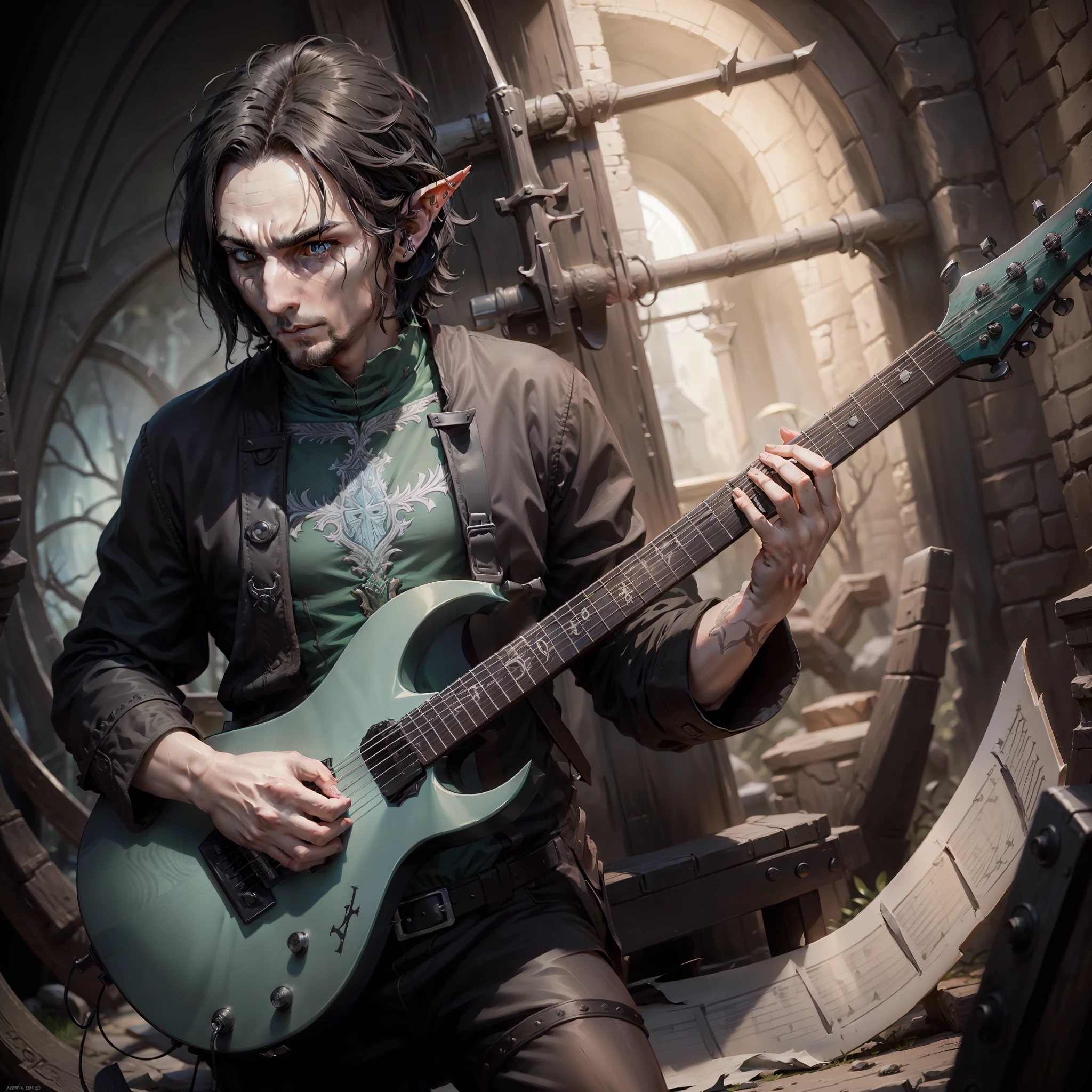 full body low angle shot of a intimidating male elf warlock bard playing guitar while standing, D&D style, male elf, black hair, highly detailed, high quality, male short hair, adult face, perfect hands, (masterpiece), best quality, expressive eyes,