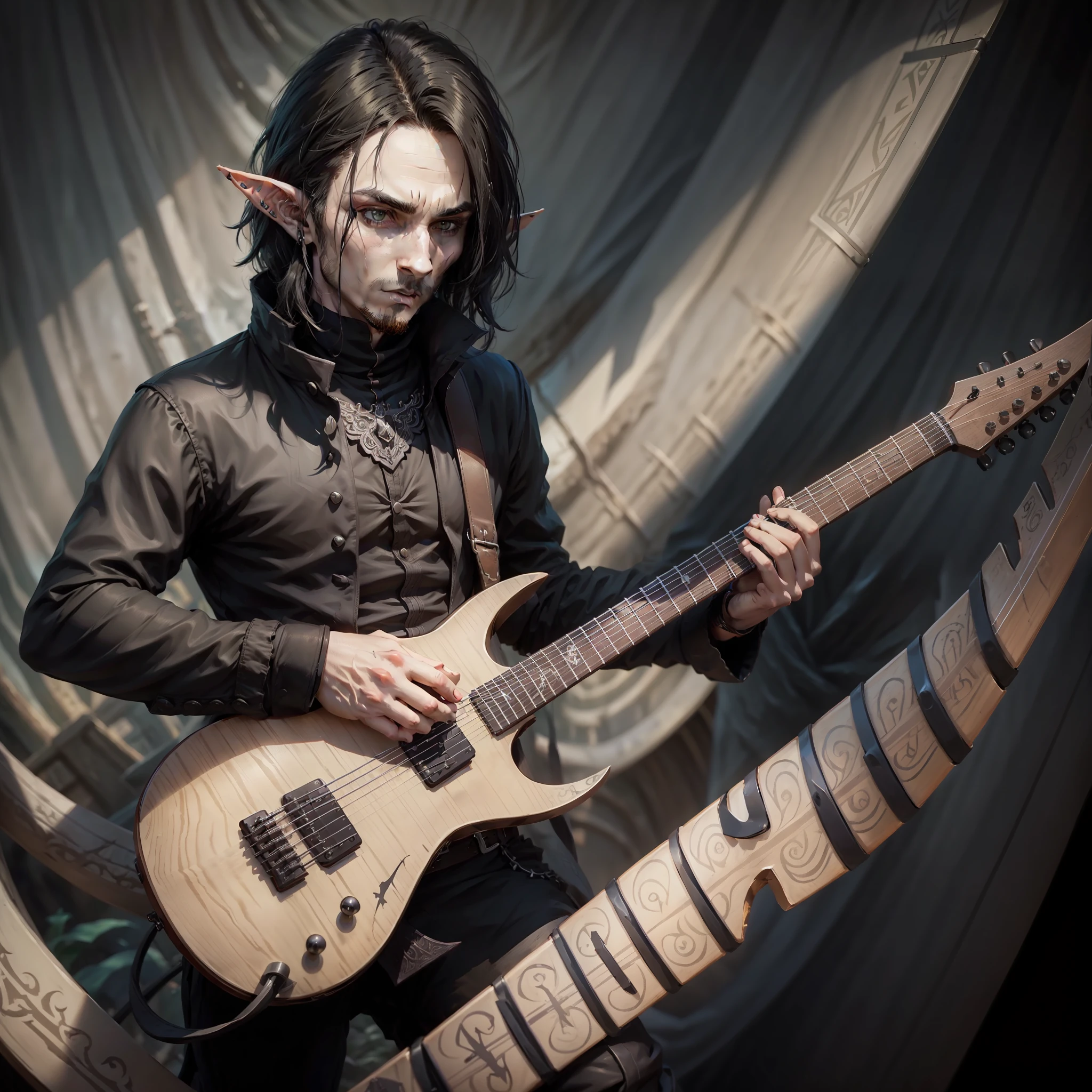 full body low angle shot of a intimidating male elf warlock bard playing guitar while standing, D&D style, male elf, black hair, highly detailed, high quality, male short hair, adult face, perfect hands, (masterpiece), best quality, expressive eyes,