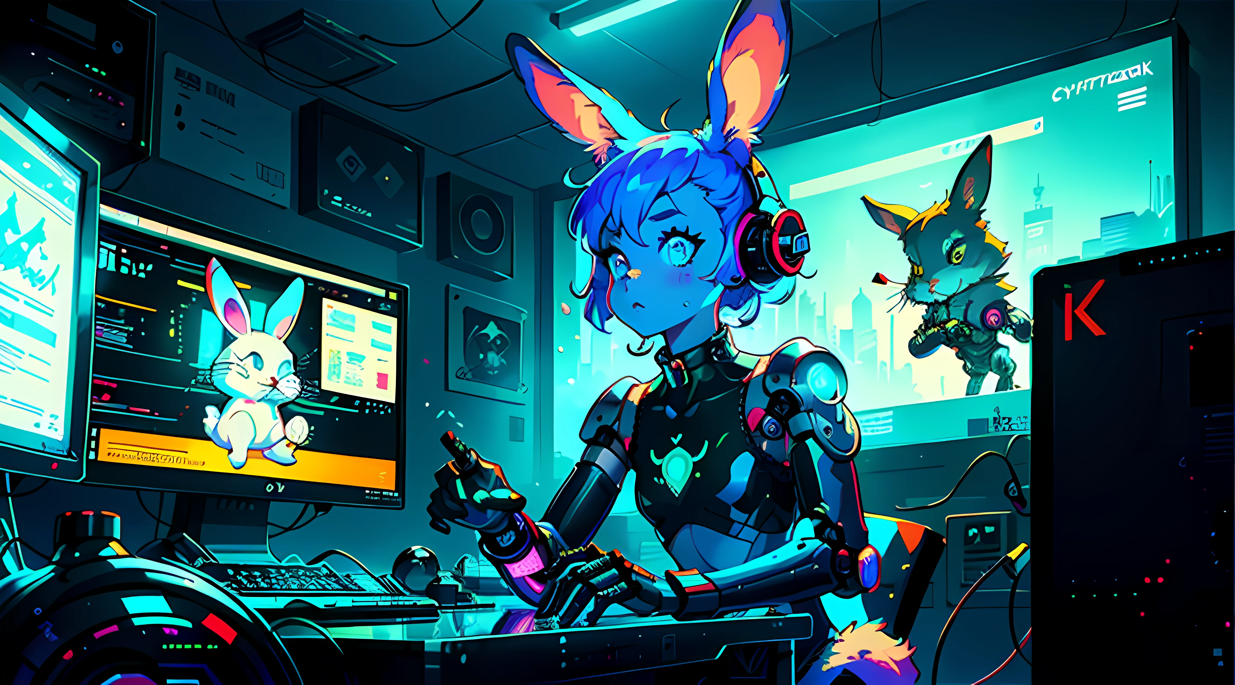 a digital painting of a cyberpunk anthro kemono furry blue rabbit girl, cyberpunk art by Josan Gonzalez, behance contest winner, afrofuturism, synthwave, neon, glowing neon, crt screencap of a cel animation still from a 1980s neon dystopian anime about a cyberpunk anthro kemono furry blue rabbit girl who patrols the streets looking for criminal robots, (blame! style abandoned tech landscape), (Zen, Amy Sol style), (((beats to relax/study to))), (((Lofi anthro kemono blue-furred rabbit girl in power armor sitting in metal chair behind computer terminal, behind giant glass terminal screen, beats to relax/study to))), (((blue kemono beastars furry rabbit anime hacker with small soft furry paws))), (((suspended glass cyberpunk computer terminals with robot rabbit in background))), ((glowing cyberdeck screens)), (underground, dark, foggy, perilous, abandoned dystopian apartment bedroom, deep windows), (abstract anthro rabbit figure wearing bunny ears), cover art with light abstraction, abstract, simple vector art, contemporary Cybernetic art, color gradients, soft color palettes, layered forms, whimsical animation, style Ethereal abstract, 4K, --v6